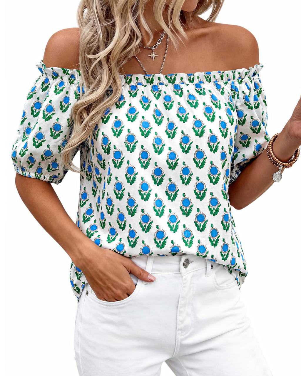 BTFBM Off The Shoulder Spring Tops for Women Summer Blouses Boho Floral Short Sleeve Shirts Dressy Casual Outfits