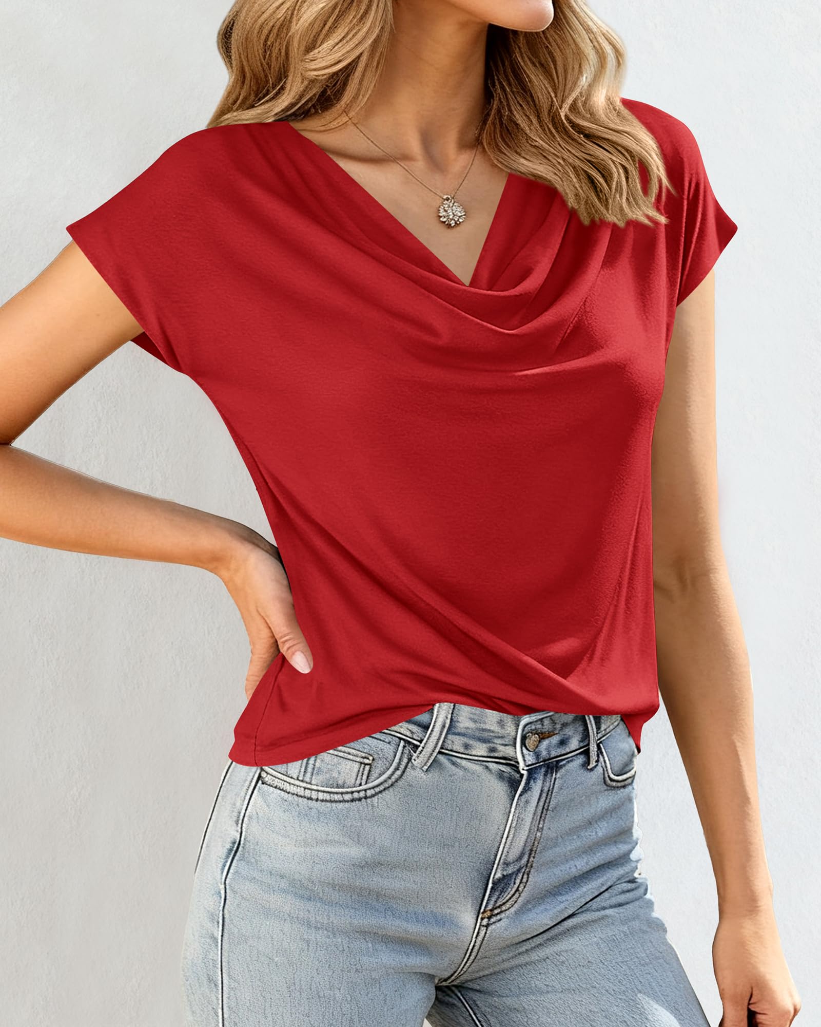 FreshPretty Blouses for Women Dressy Casual Spring Summer Tops Cowl Neck Short Sleeve Shirts Work Office Business Outfits