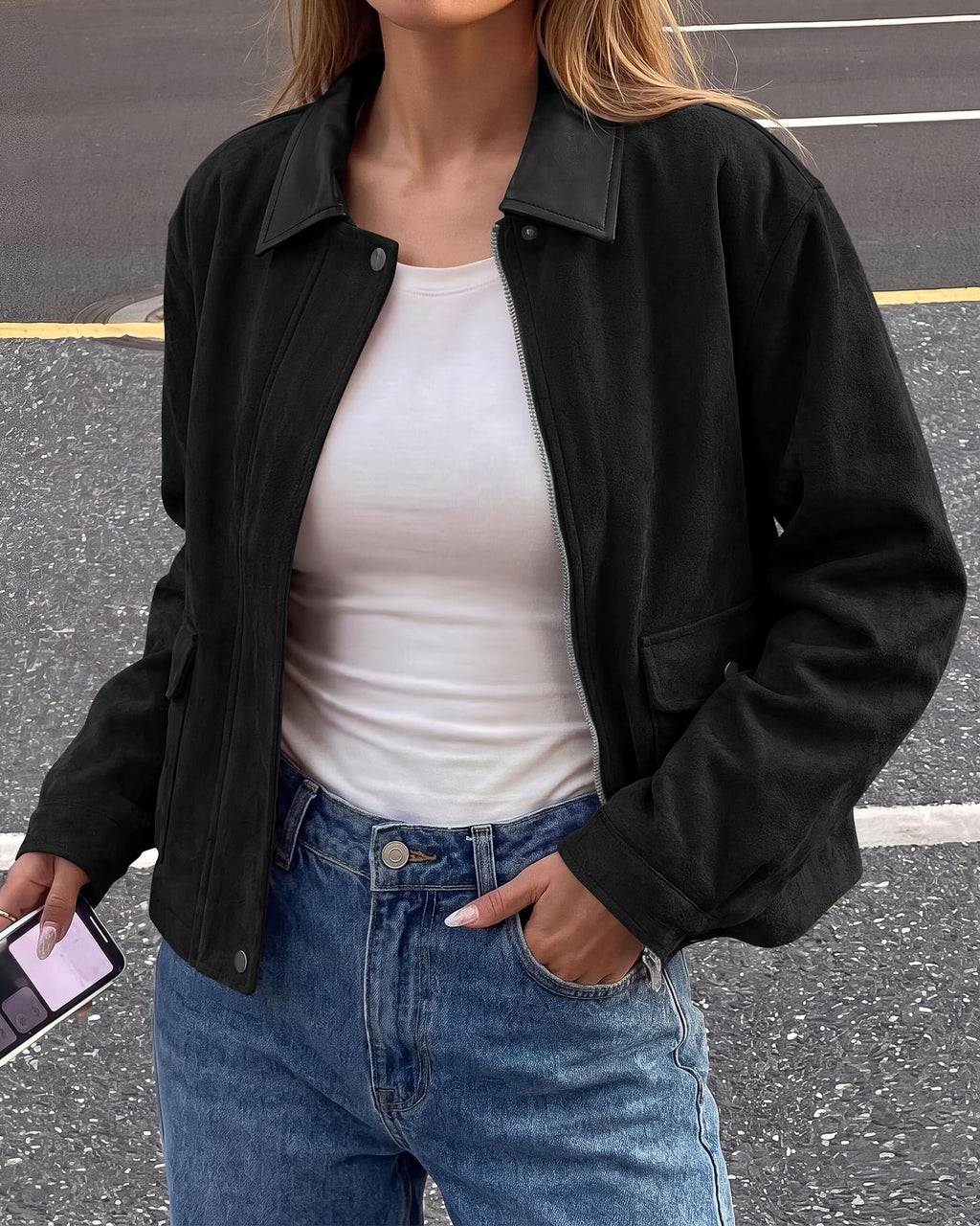 BTFBM Faux Suede Jacket Women Leather Lapel Zip Up Fall Outfits Button Down Long Sleeve Outerwear With Flap Pockets, Early Winter Coats, Motorcycle Jackets, Western Country Concert Outfits