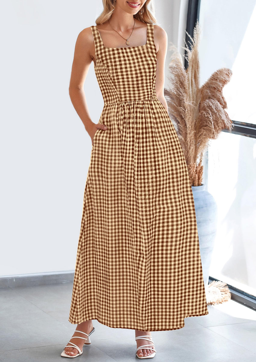 PRETTYGARDEN Women's Summer Spaghetti Strap Maxi Dresses Plaid Square Neck A Line Casual Beach Vacation Long Sundress