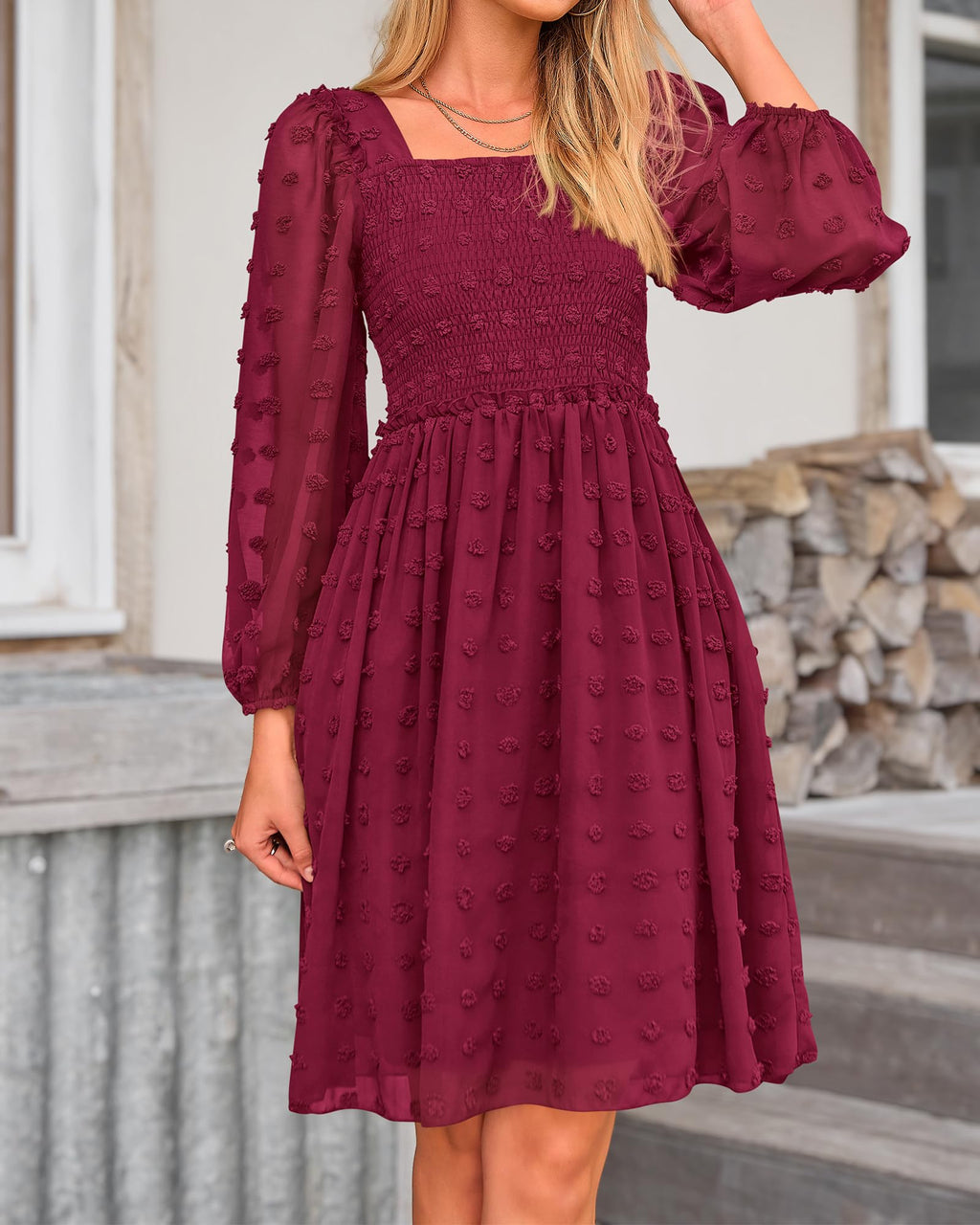 BTFBM Womens Long Sleeve Dress Summer Vacation Square Neck Smocked Floral Mini Boho Spring Wedding Guest Dresses