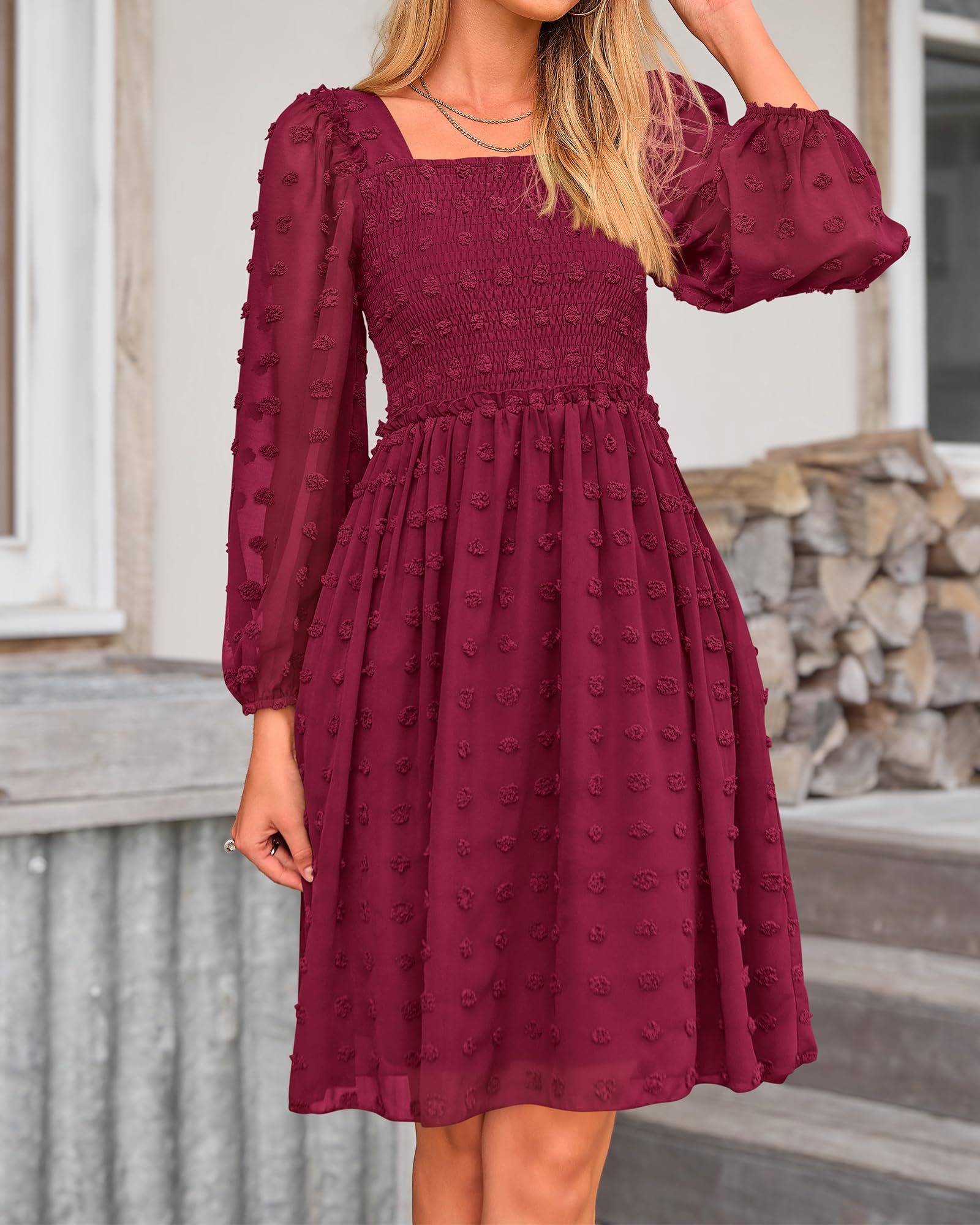 BTFBM Womens Long Sleeve Dress Summer Vacation Square Neck Smocked Floral Mini Boho Spring Wedding Guest Dresses