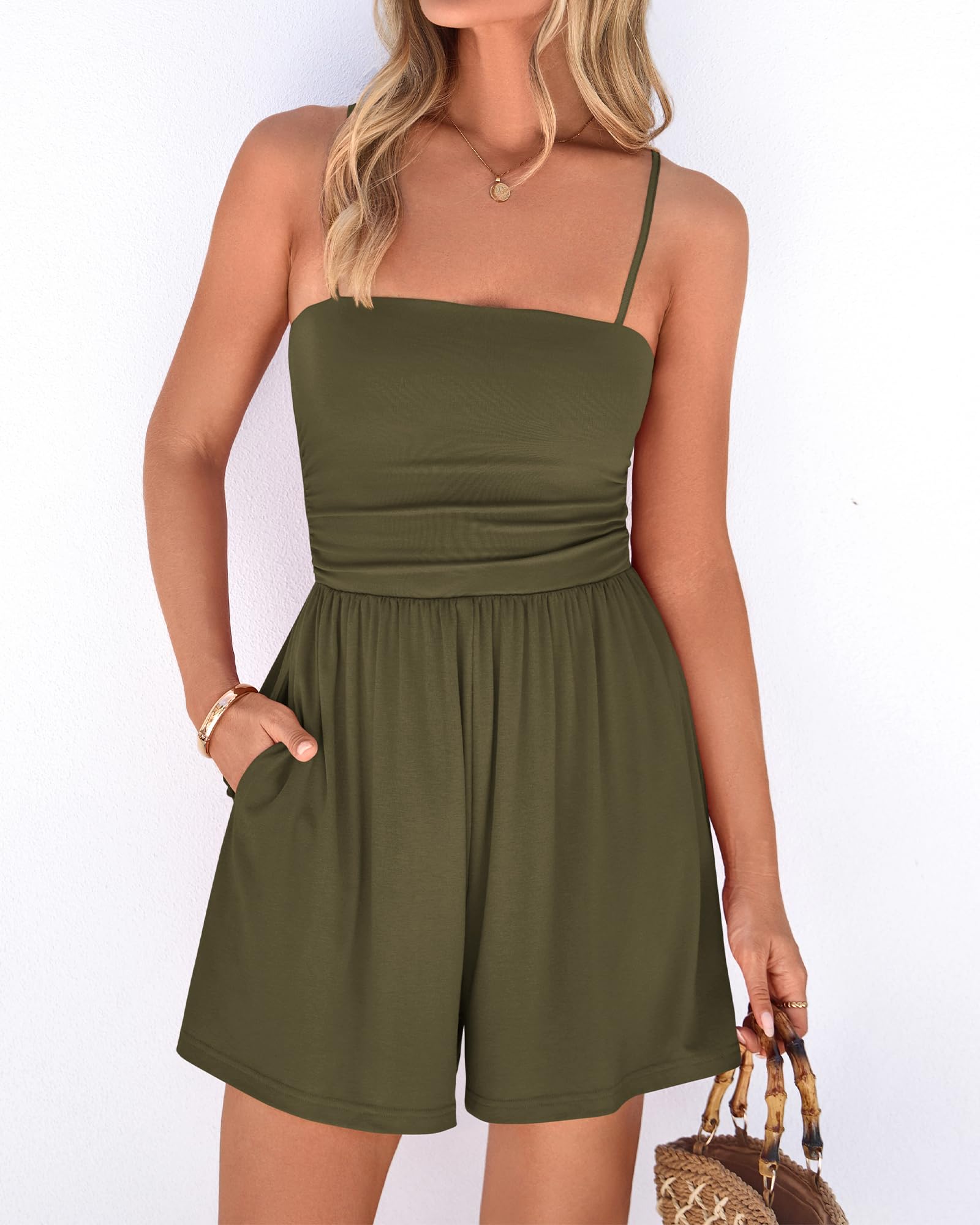 FreshPretty Summer Rompers For Women Casual One Piece Spaghetti Strap Sleeveless Shorts Jumpsuit Beach Vacation Outfits