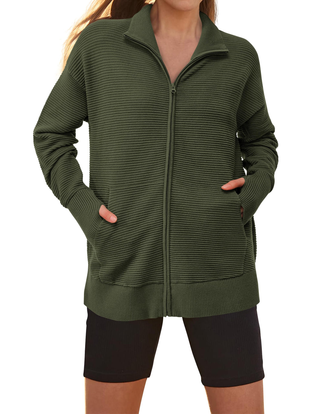 PRETTYGARDEN Womens Fall Long Sleeve Zip Up Cardigan Sweaters Casual Loose Collared Ribbed Knit Tops Jackets Thumb Hole