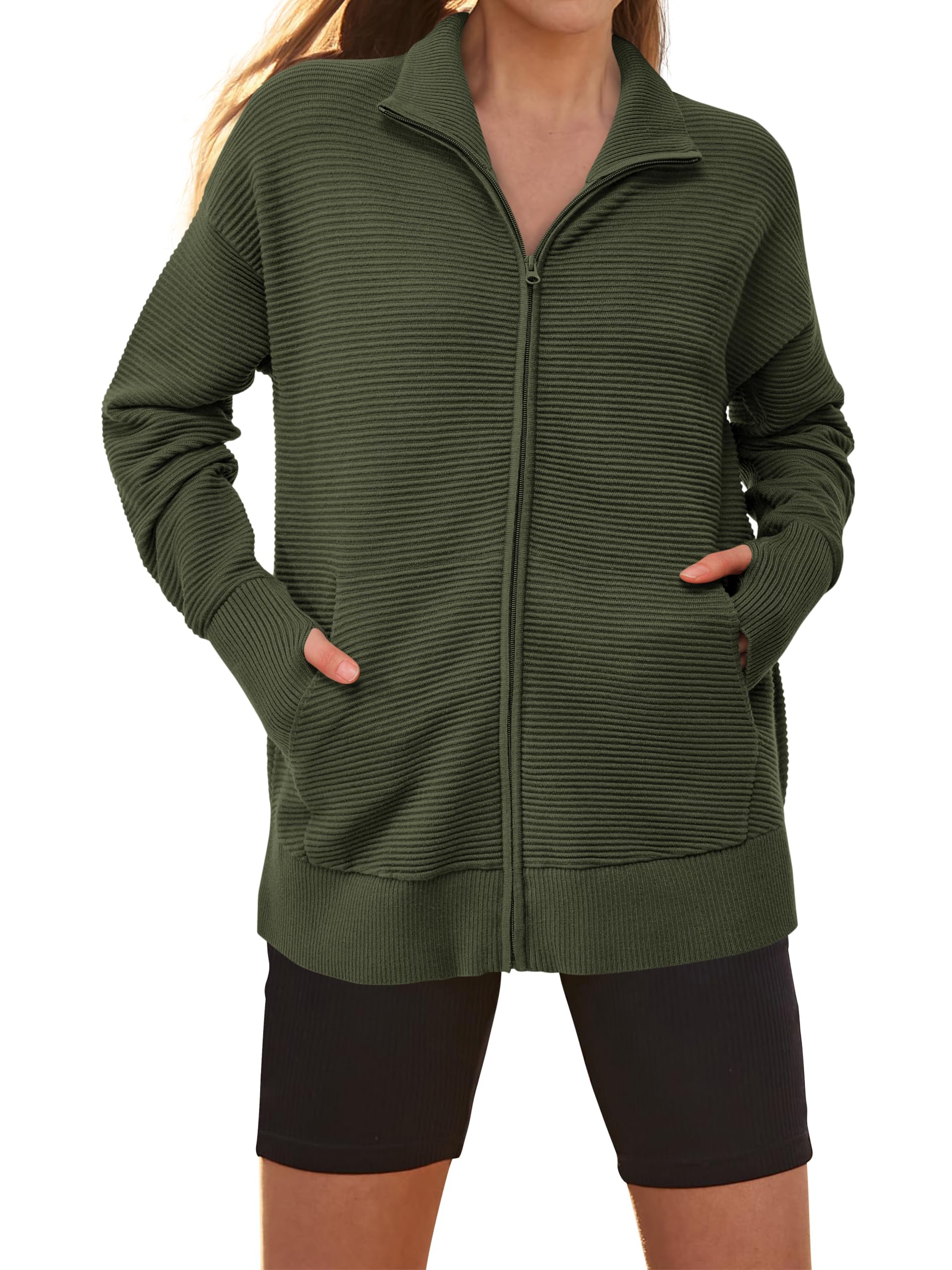 PRETTYGARDEN Womens Fall Long Sleeve Zip Up Cardigan Sweaters Casual Loose Collared Ribbed Knit Tops Jackets Thumb Hole