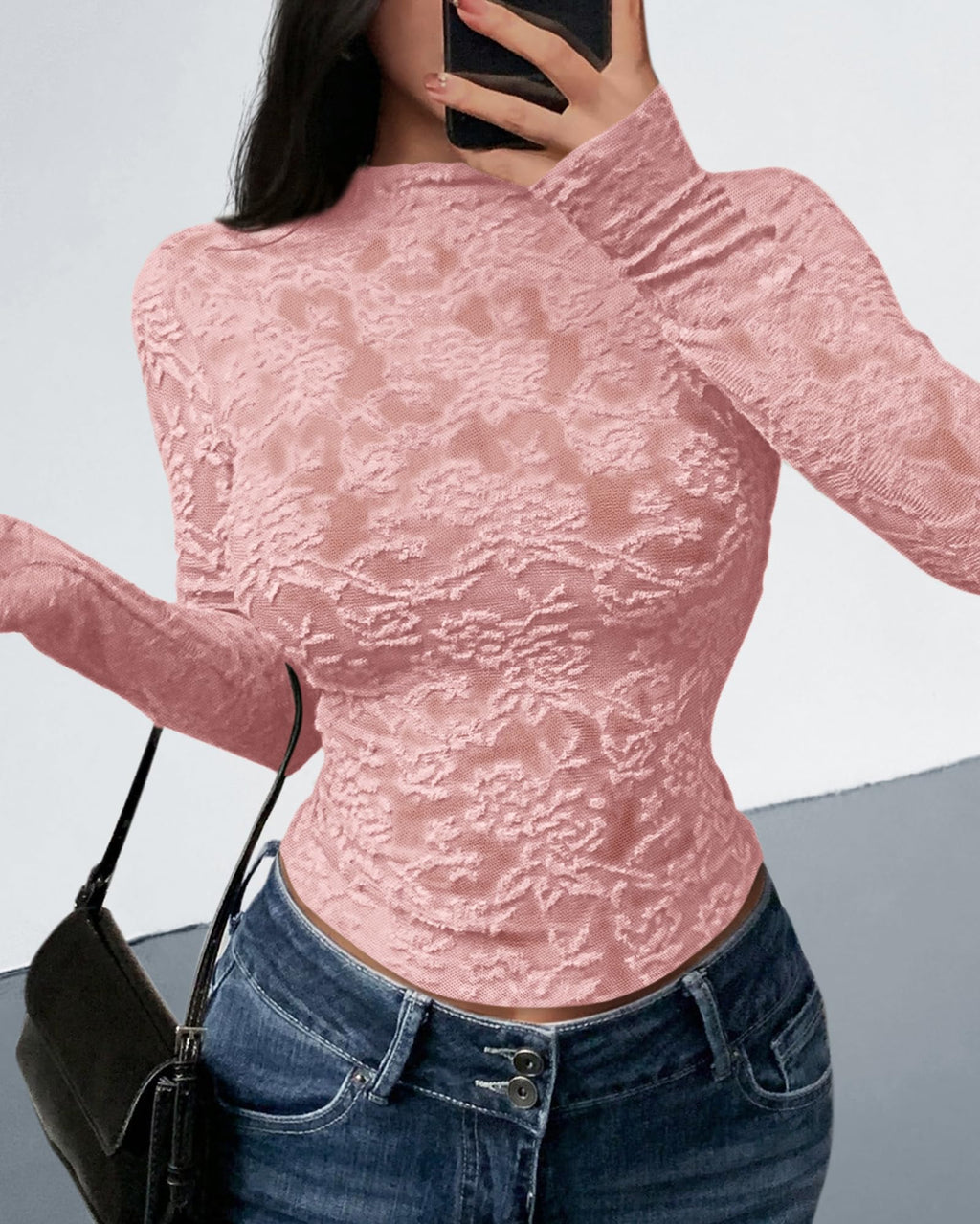 FreshPretty Mesh Long Sleeve Tops for Women Lace Sexy Sheer Tight See Through Crew Neck Spring Fall Party Club Outfits