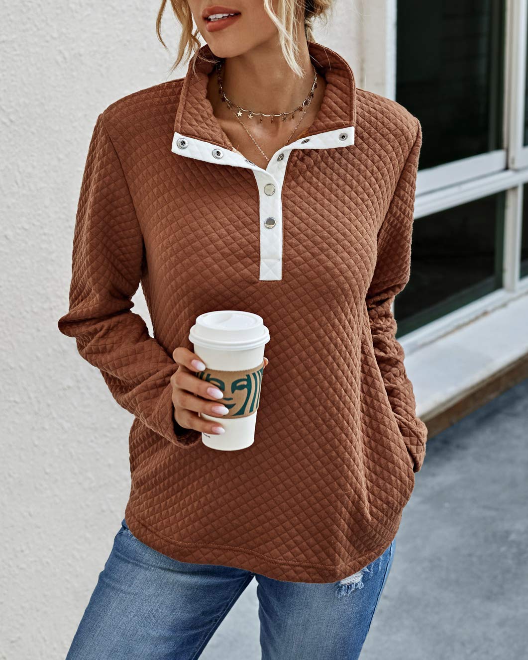 BTFBM Women Fashion Quilted Pattern Lightweight Zipper Long Sleeve Plain Casual Ladies Sweatshirts Pullovers Shirts Tops