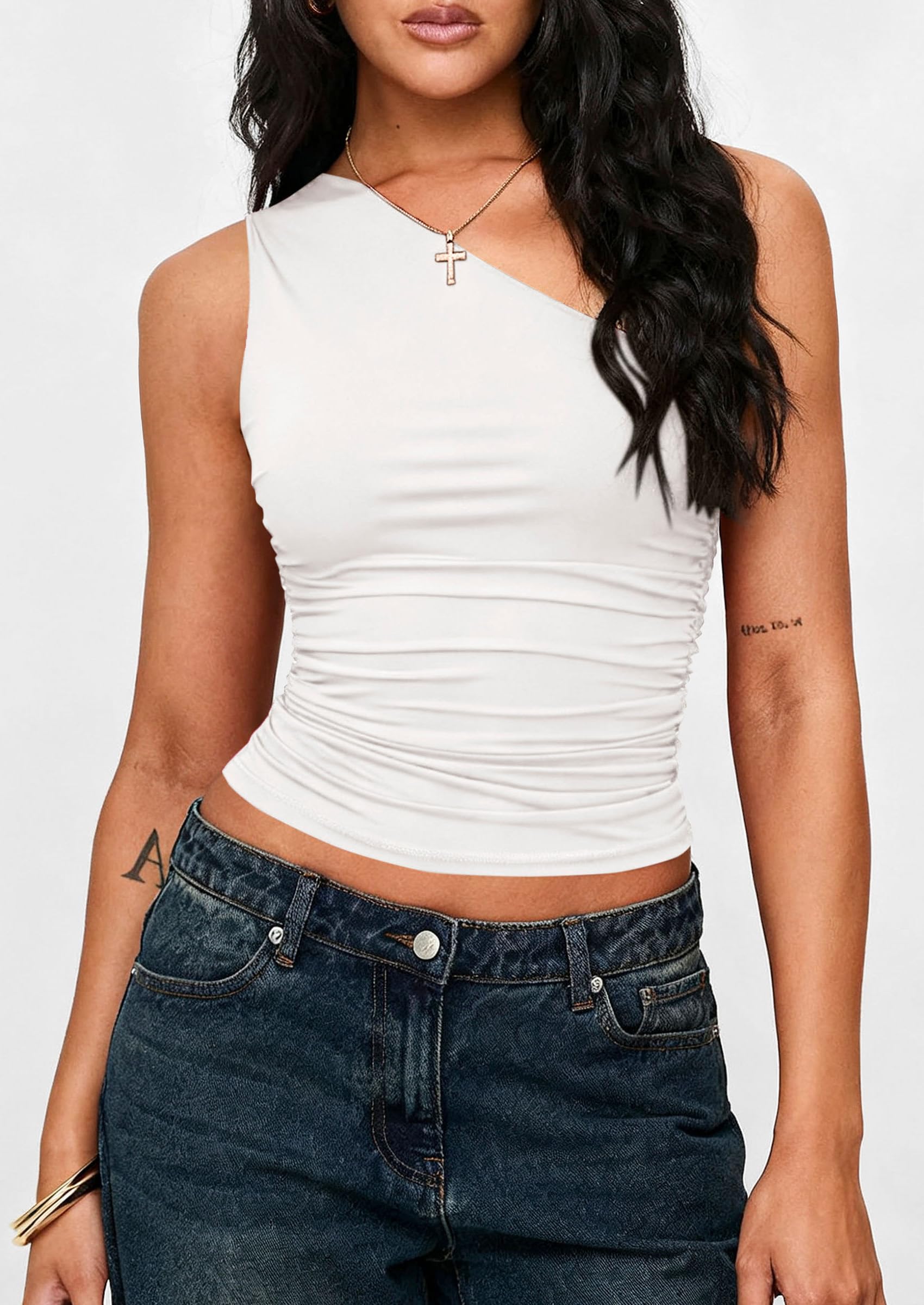 PRETTYGARDEN Womens Sleeveless One Shoulder Tank Top Ruched Slim Fit Shirts Basic Crop Y2k Tops  Spring Fashion Clothing