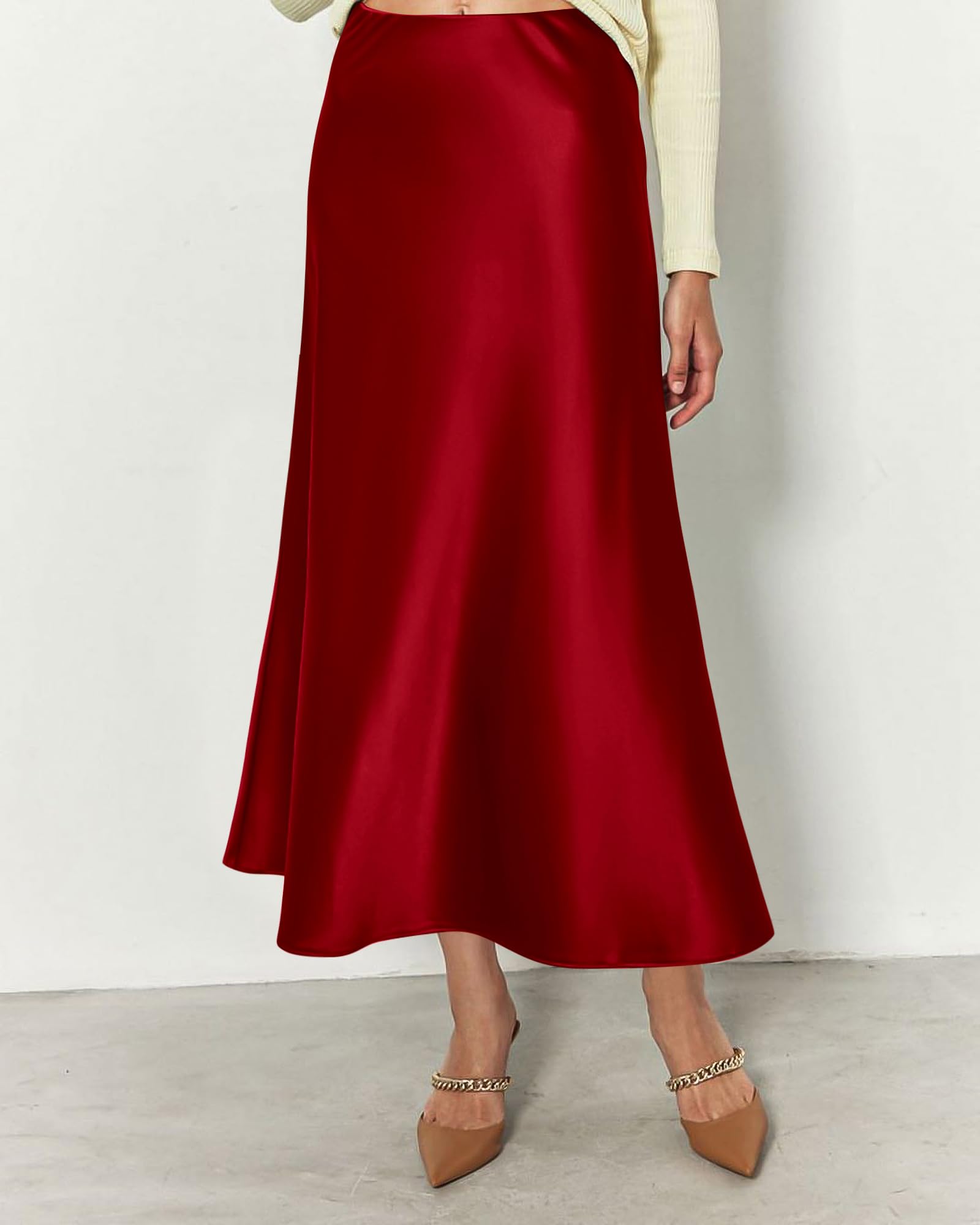BTFBM Summer Womens Skirts Silk Elegant High Waist Flowy Long Satin A-Line Midi Skirt Cocktail Wedding Party