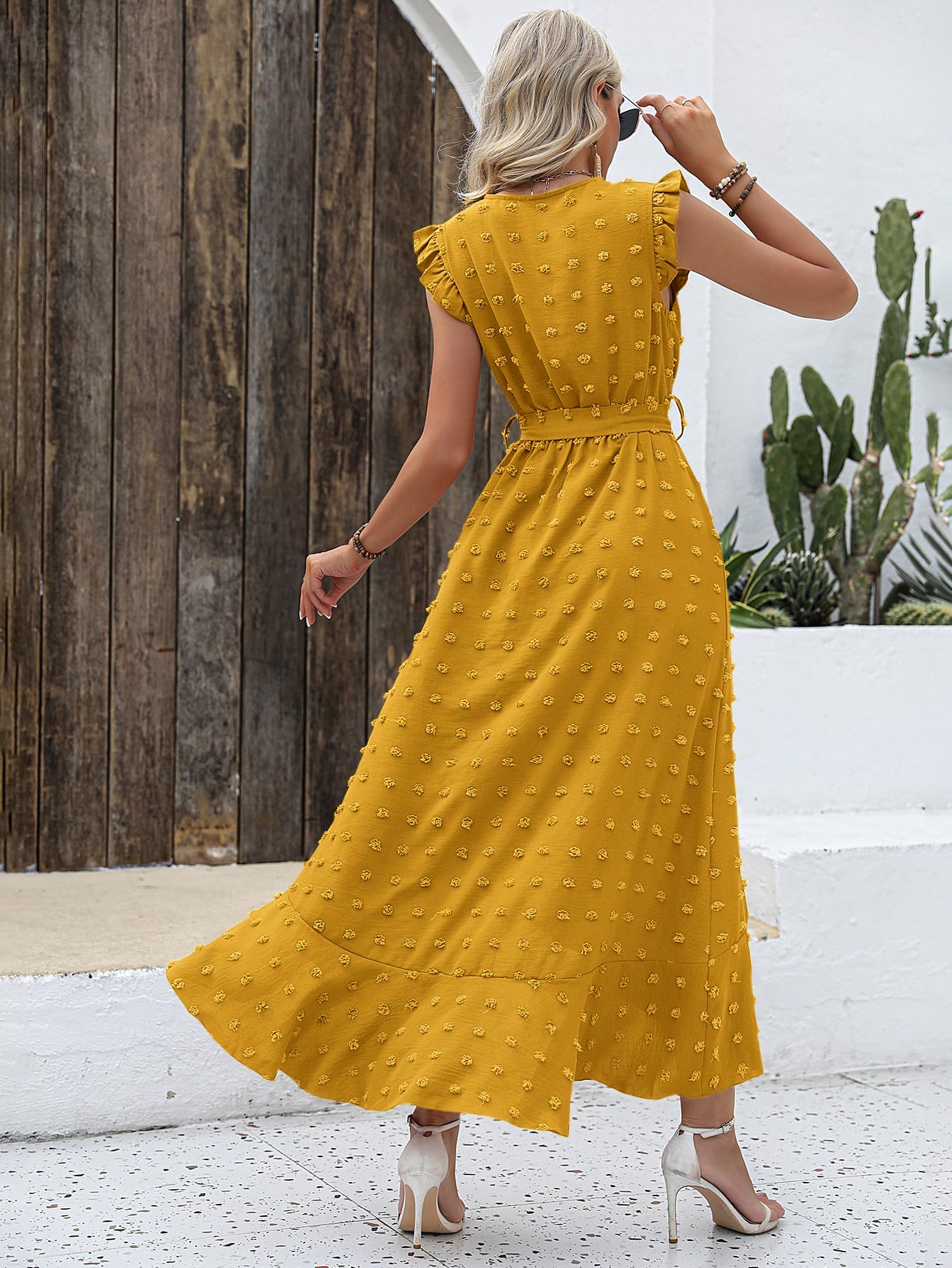 BTFBM Boho Dresses for Women Spring Fashion Cap Sleeve Swiss Dot Flowy Ruffle Beach Wedding Cocktail Maxi Dress
