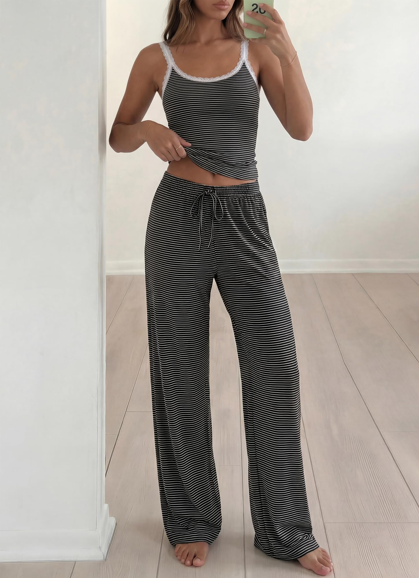 BTFBM Lounge Sets For Women Striped 2 Piece Pajama Sets Spaghetti Strap Tops Wide Leg Pants Beach Vacation Outfits