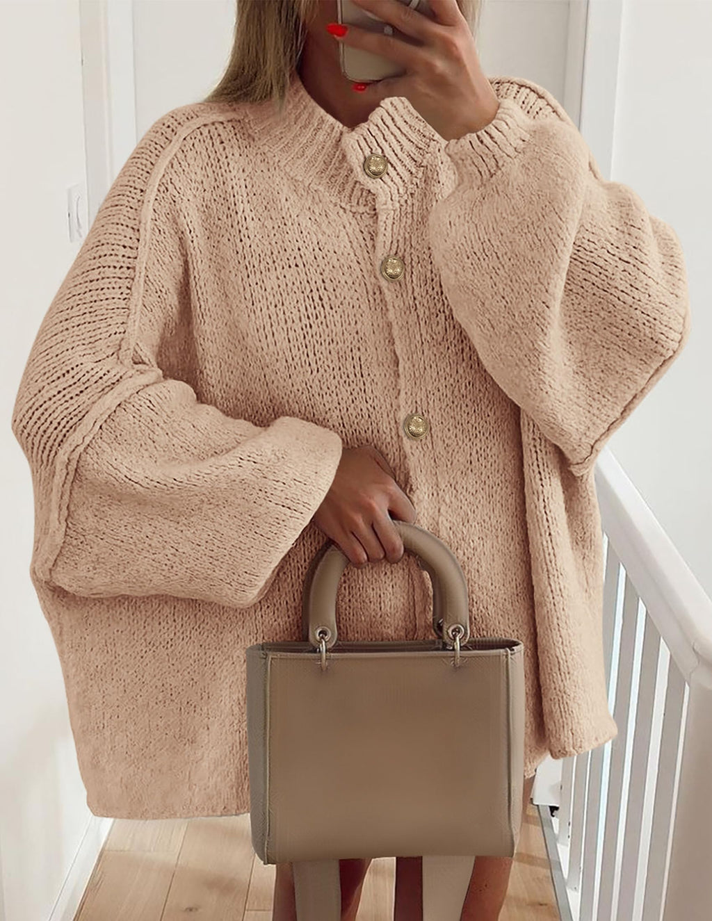 PRETTYGARDEN Women's Winter Button Down Cardigan Sweaters Mock Neck Lantern Long Sleeve Chunky Knit Jacket Trendy Outerwear