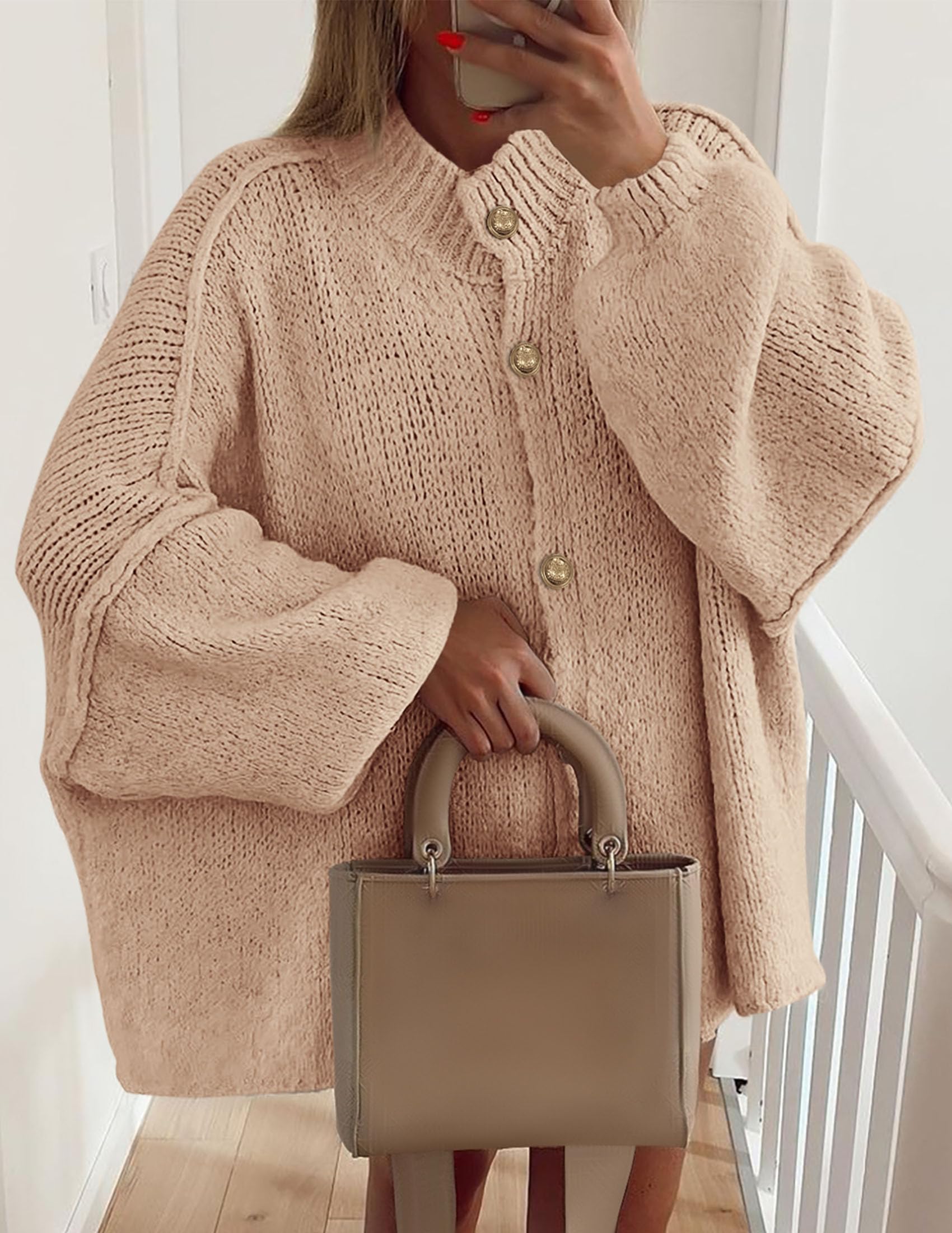 PRETTYGARDEN Women's Winter Button Down Cardigan Sweaters Mock Neck Lantern Long Sleeve Chunky Knit Jacket Trendy Outerwear