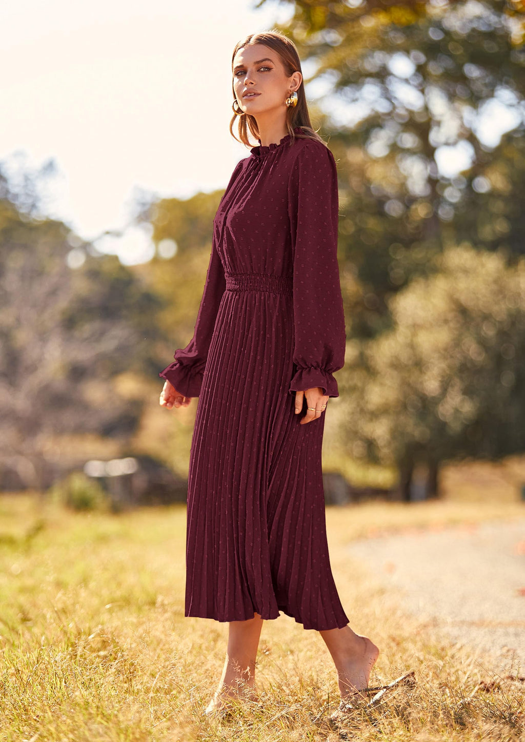 PRETTYGARDEN Women's Spring Fall Midi Dress Casual Long Sleeve V Neck Swiss Dot Pleated A Line Flowy Dresses