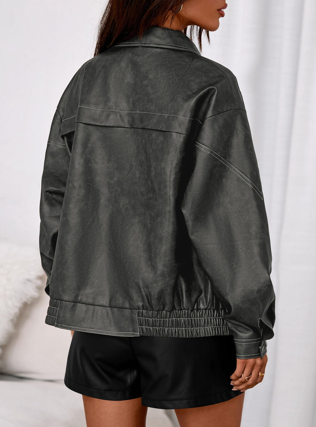 PRETTYGARDEN Faux Leather Jacket Women Bomber Motorcycle Zip Up Jackets Oversized Fall Fashion Outfits  Winter Coats