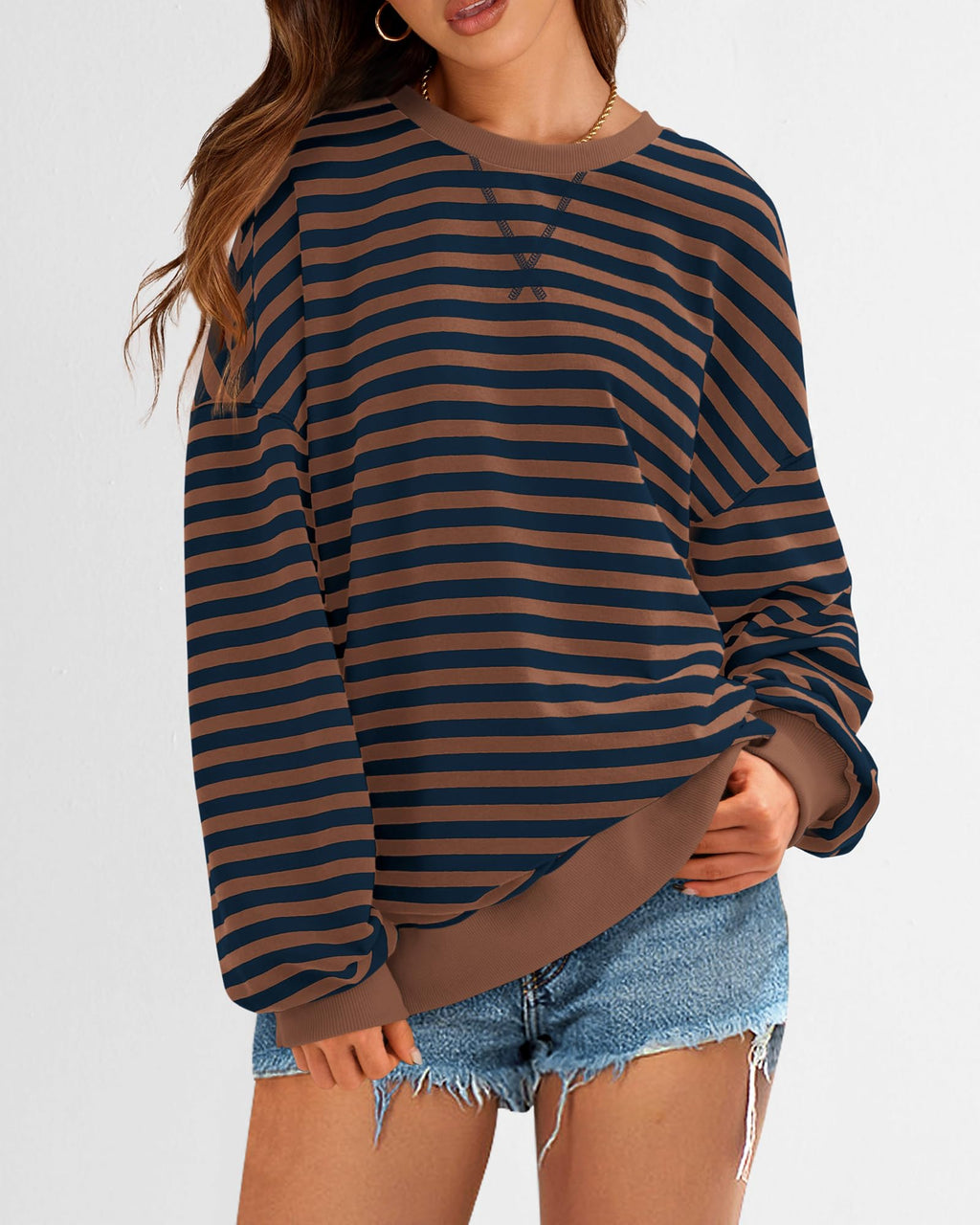 BTFBM Sweatshirt For Women Summer Crewneck Long Sleeve Oversized Striped Pullover Tops Y2K Clothes Workout Shirt