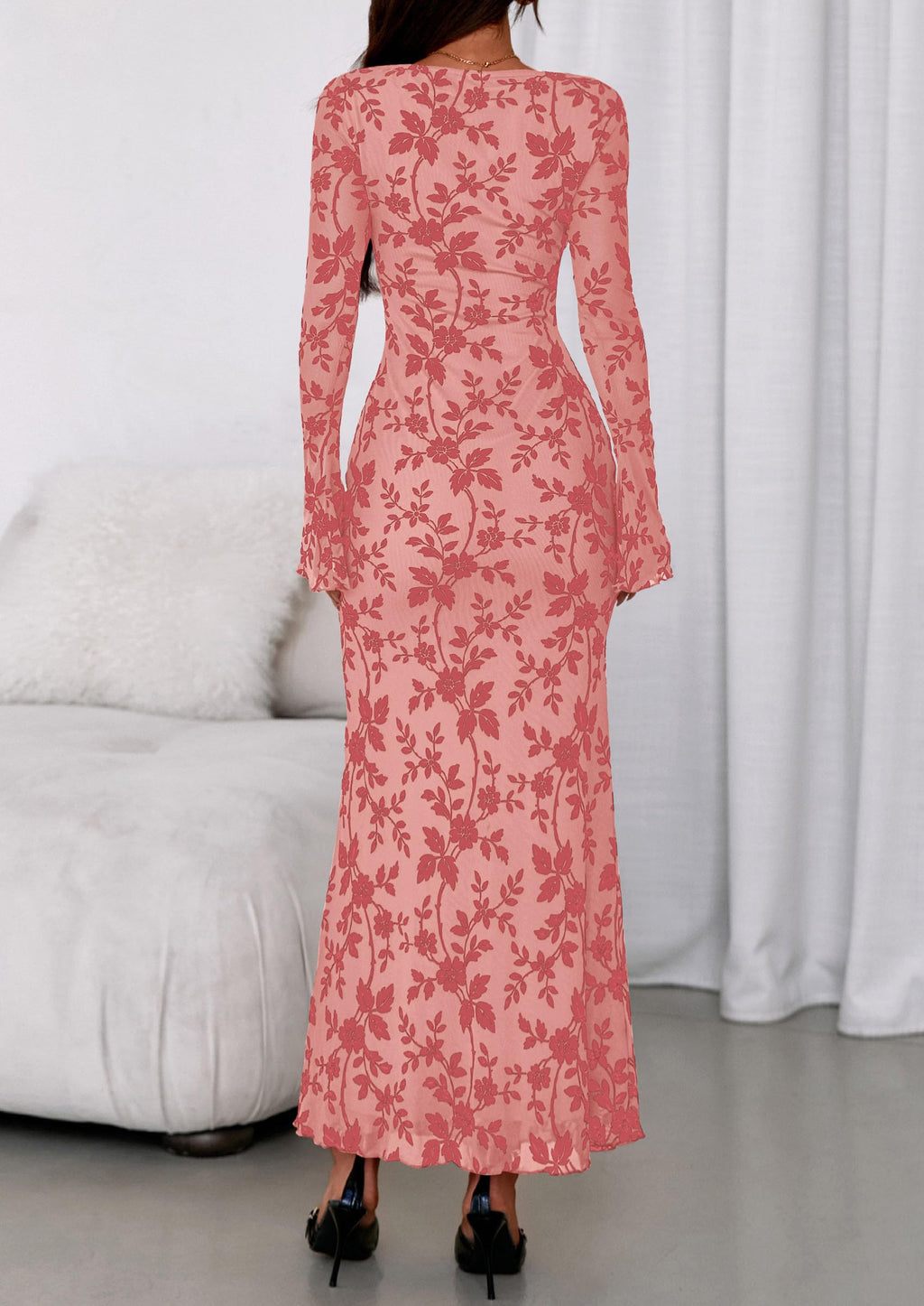 PRETTYGARDEN Women's Floral Bodycon Maxi Dress Fall Elegant Mesh Long Sleeve Formal Wedding Guest Cocktail Dresses