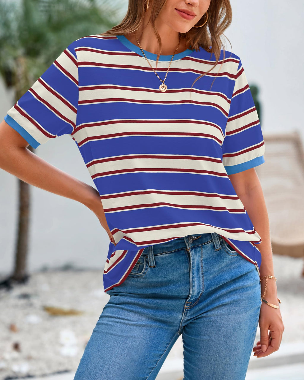 BTFBM Summer Tops for Women Crewneck Short Sleeve Striped T Shirts Casual Spring Clothes Color Block Basic Tee Blouses
