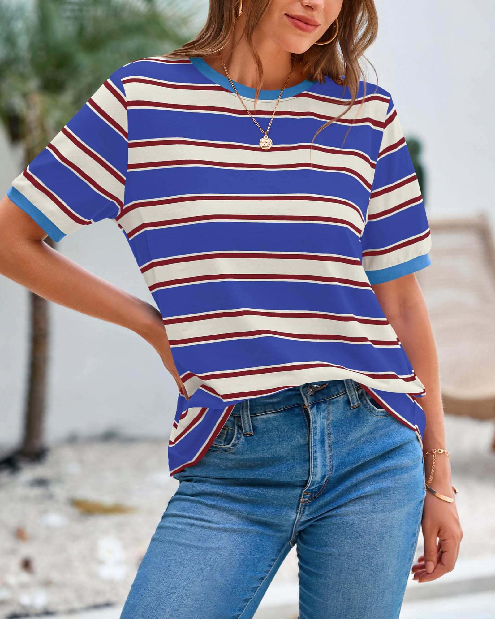 BTFBM Summer Tops for Women Crewneck Short Sleeve Striped T Shirts Casual Spring Clothes Color Block Basic Tee Blouses
