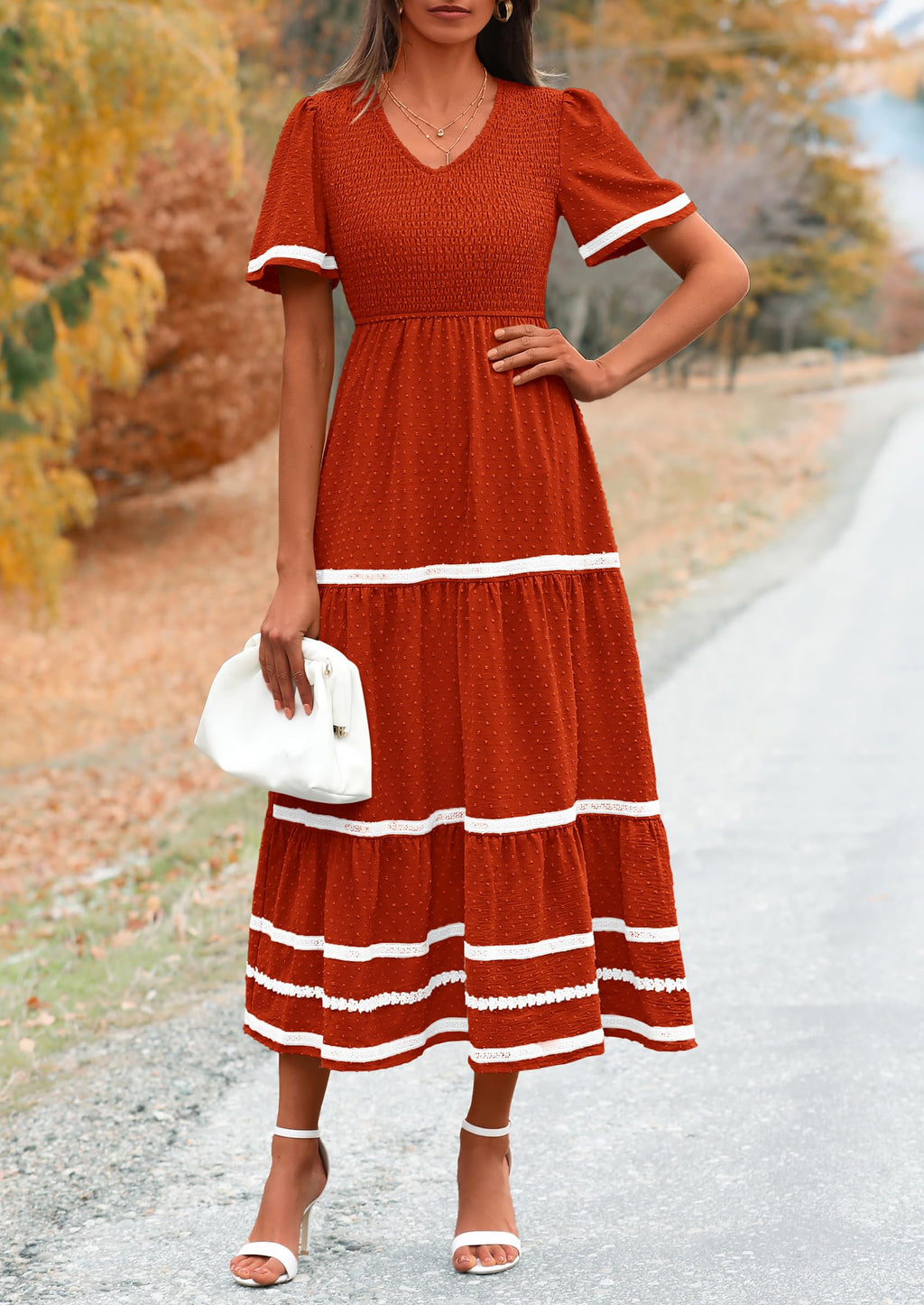 PRETTYGARDEN Women's Casual Summer Maxi Dress Short Sleeve Swiss Dot V Neck Smocked Long Flowy Beach Dresses