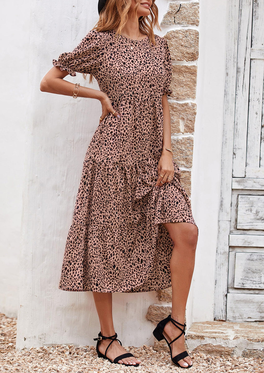 PRETTYGARDEN Summer Dresses for Women Casual Floral Boho Midi Sun Dress Puff Short Sleeve Flowy Beach Vacation Sundress