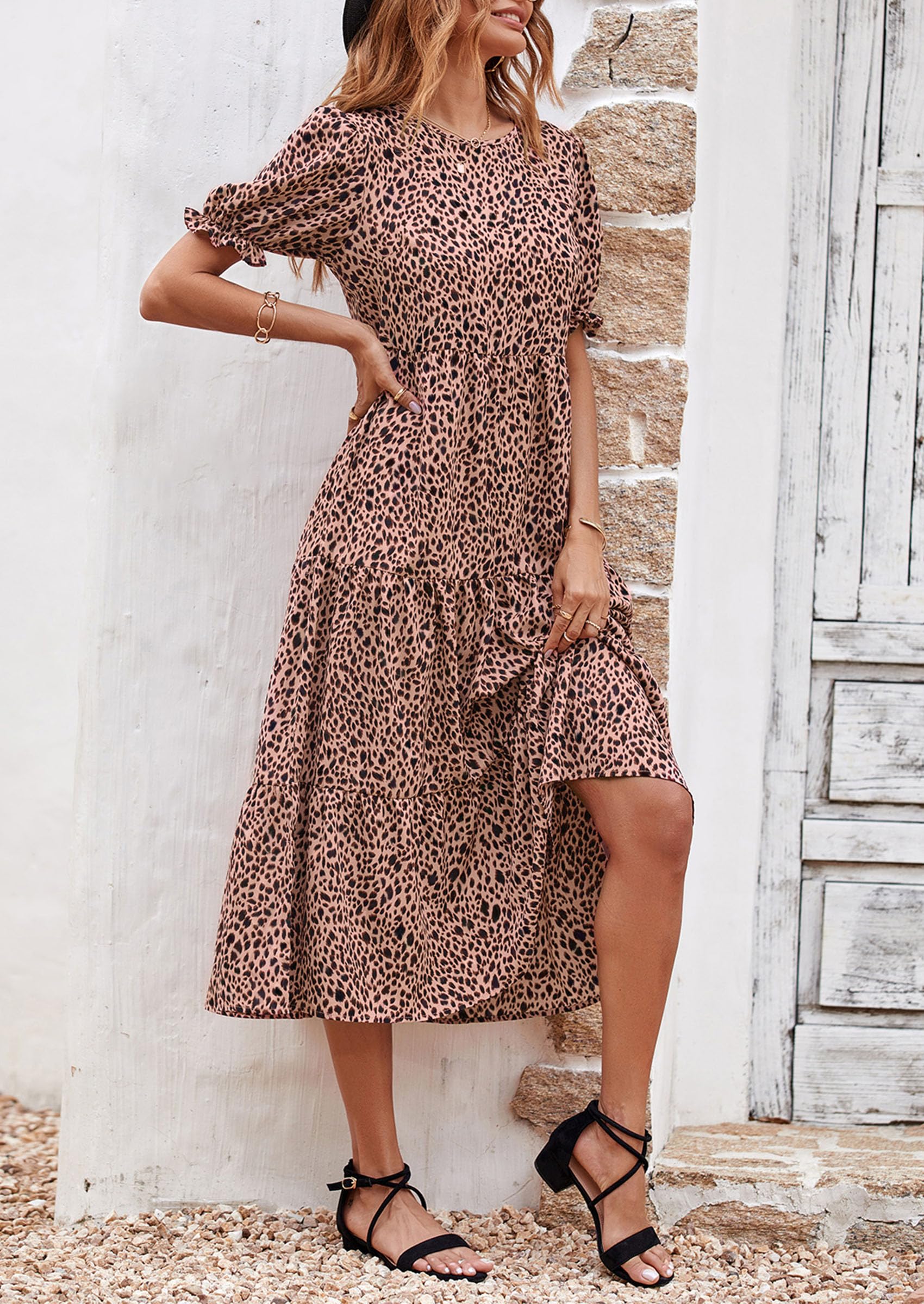 PRETTYGARDEN Summer Dresses for Women Casual Floral Boho Midi Sun Dress Puff Short Sleeve Flowy Beach Vacation Sundress