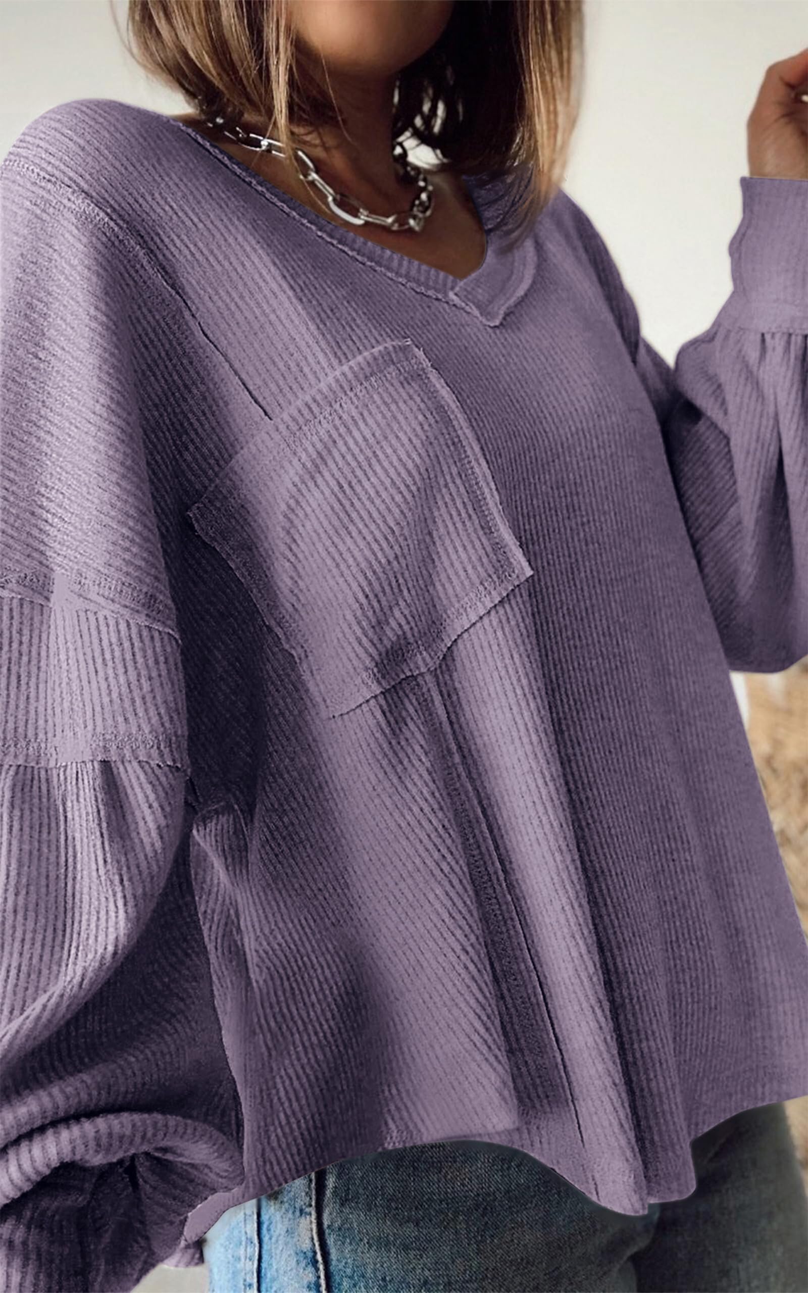 FreshPretty Womens Fall Fashion Long Sleeve Shirts Casual V Neck Ribbed Knit Blouses Pullover Trendy Loose Fit Tunic Tops