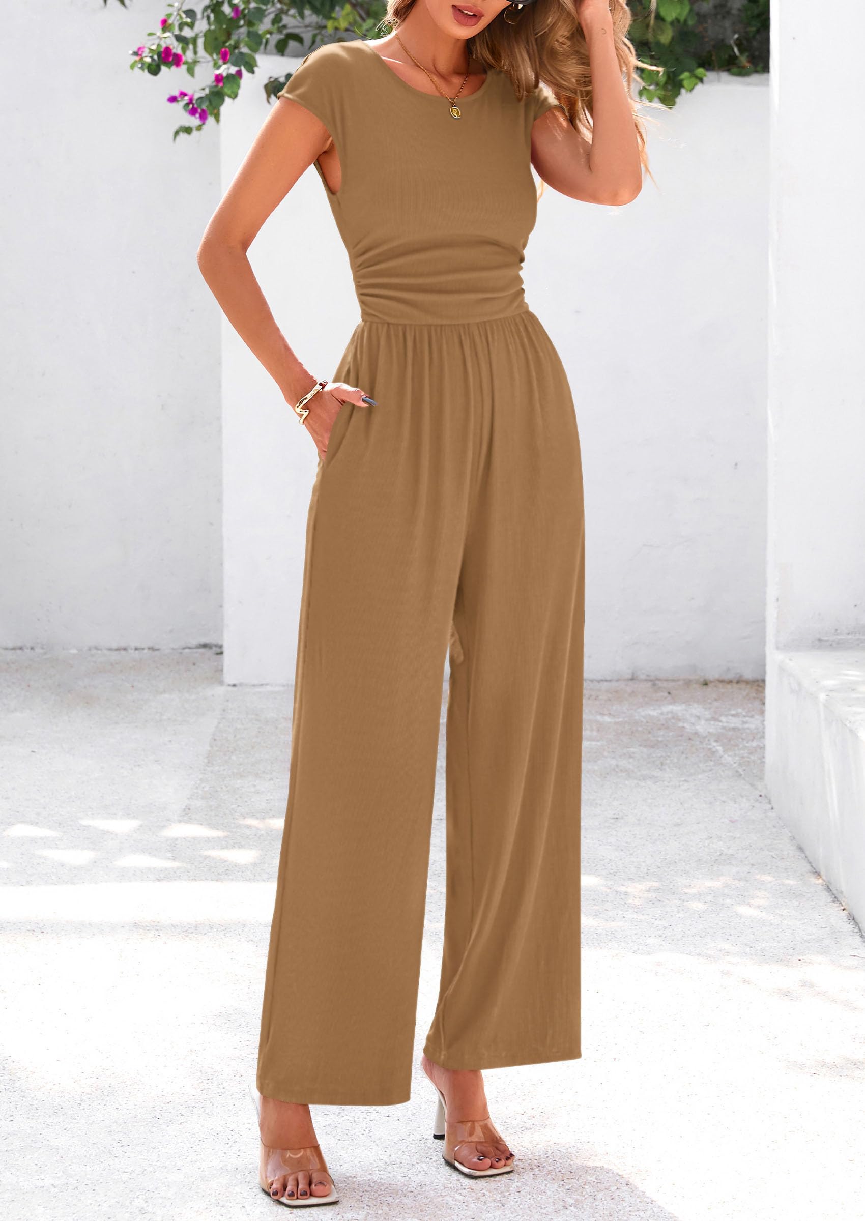 PRETTYGARDEN Summer Jumpsuits for Women Dressy Ribbed Cap Sleeve Wide Leg Pants Rompers Elegant Casual One Piece Outfits