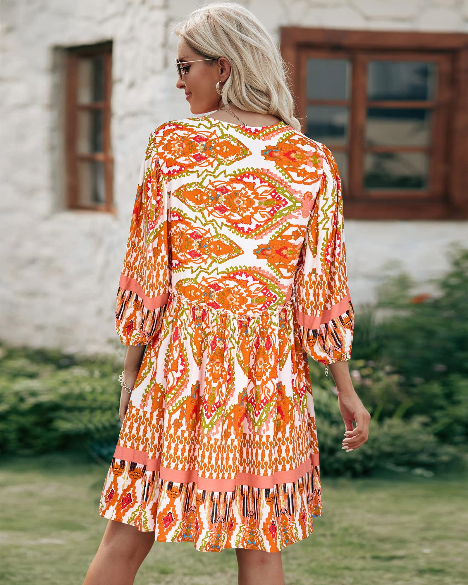 BTFBM Women Casual Spring Summer Dresses V Neck 3/4 Long Sleeve Ruffle Floral Flowy Boho Babydoll Mini Short Beach Dress