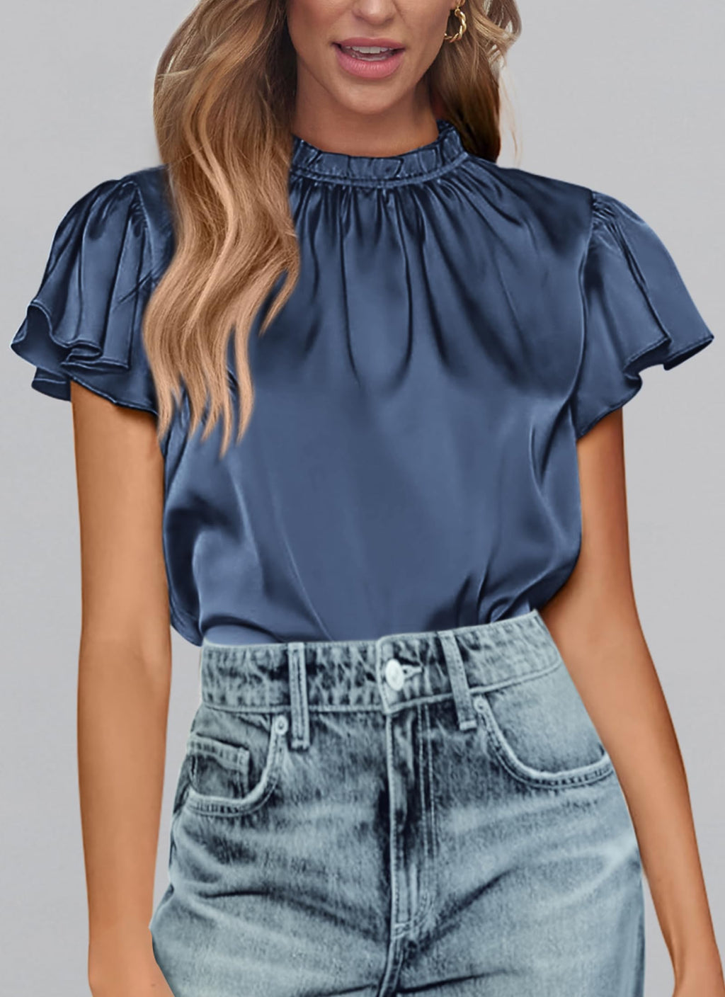 PRETTYGARDEN Business Casual Tops for Women Blouses Dressy  Summer Short Sleeve Ruffle Satin Work Office Attire