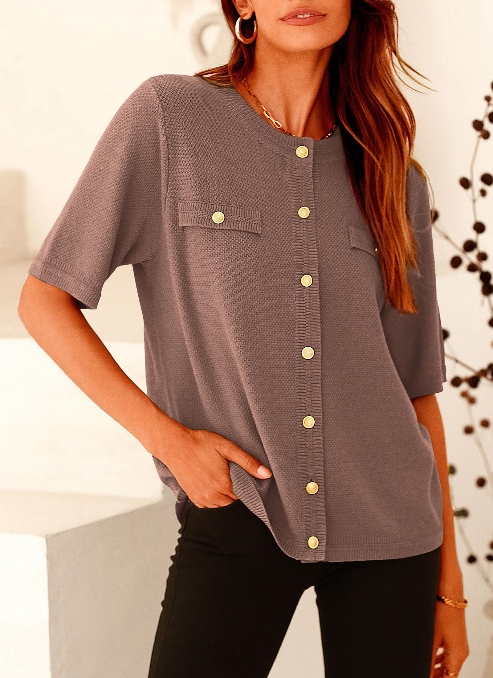 PRETTYGARDEN Women's Summer Button Down Shirts Casual Short Sleeve Crew Neck Ribbed Knit Blouse Top Cardigans