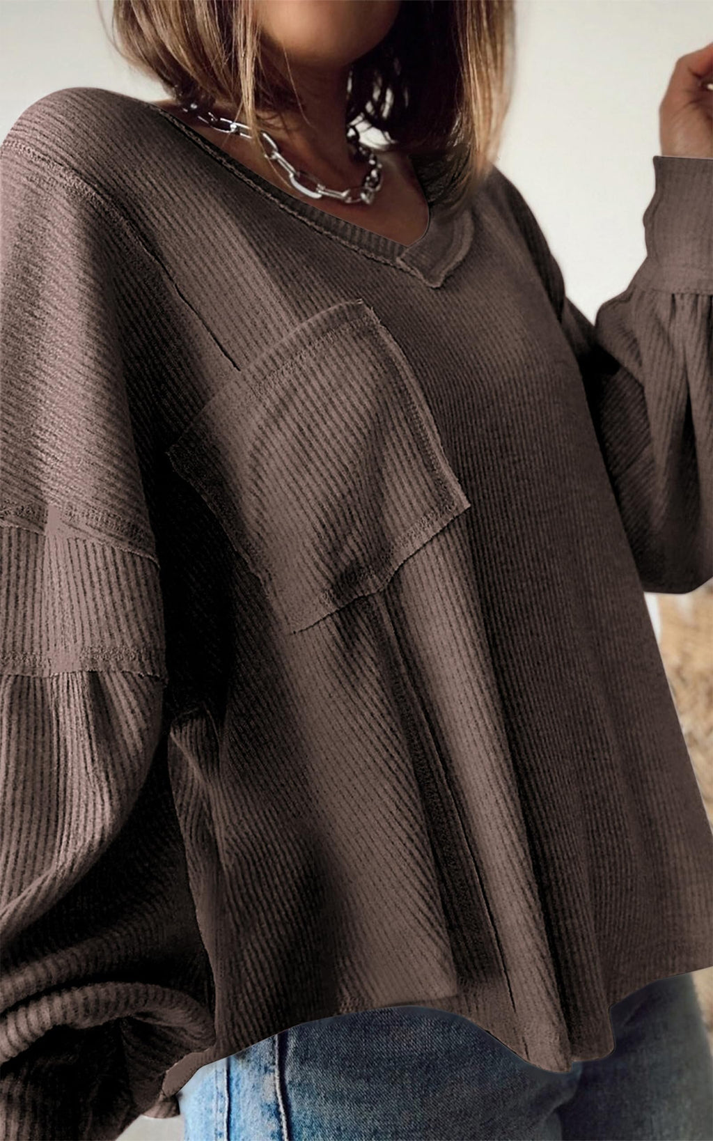 FreshPretty Womens Fall Fashion Long Sleeve Shirts Casual V Neck Ribbed Knit Blouses Pullover Trendy Loose Fit Tunic Tops