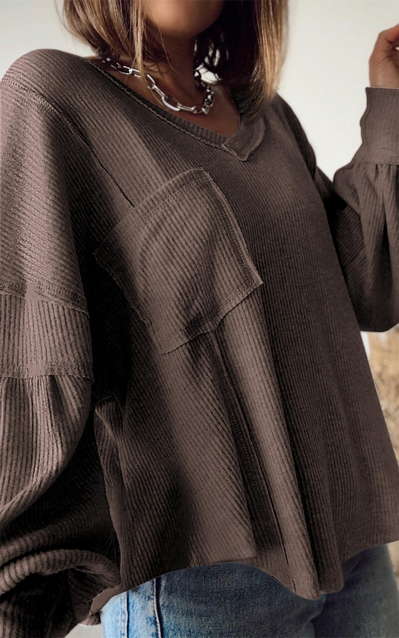 FreshPretty Womens Fall Fashion Long Sleeve Shirts Casual V Neck Ribbed Knit Blouses Pullover Trendy Loose Fit Tunic Tops