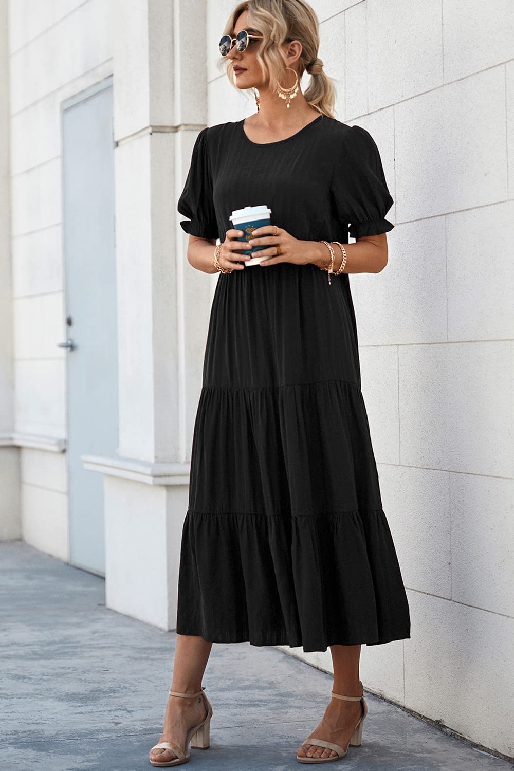 PRETTYGARDEN Summer Dresses for Women Casual Floral Boho Midi Sun Dress Puff Short Sleeve Flowy Beach Vacation Sundress