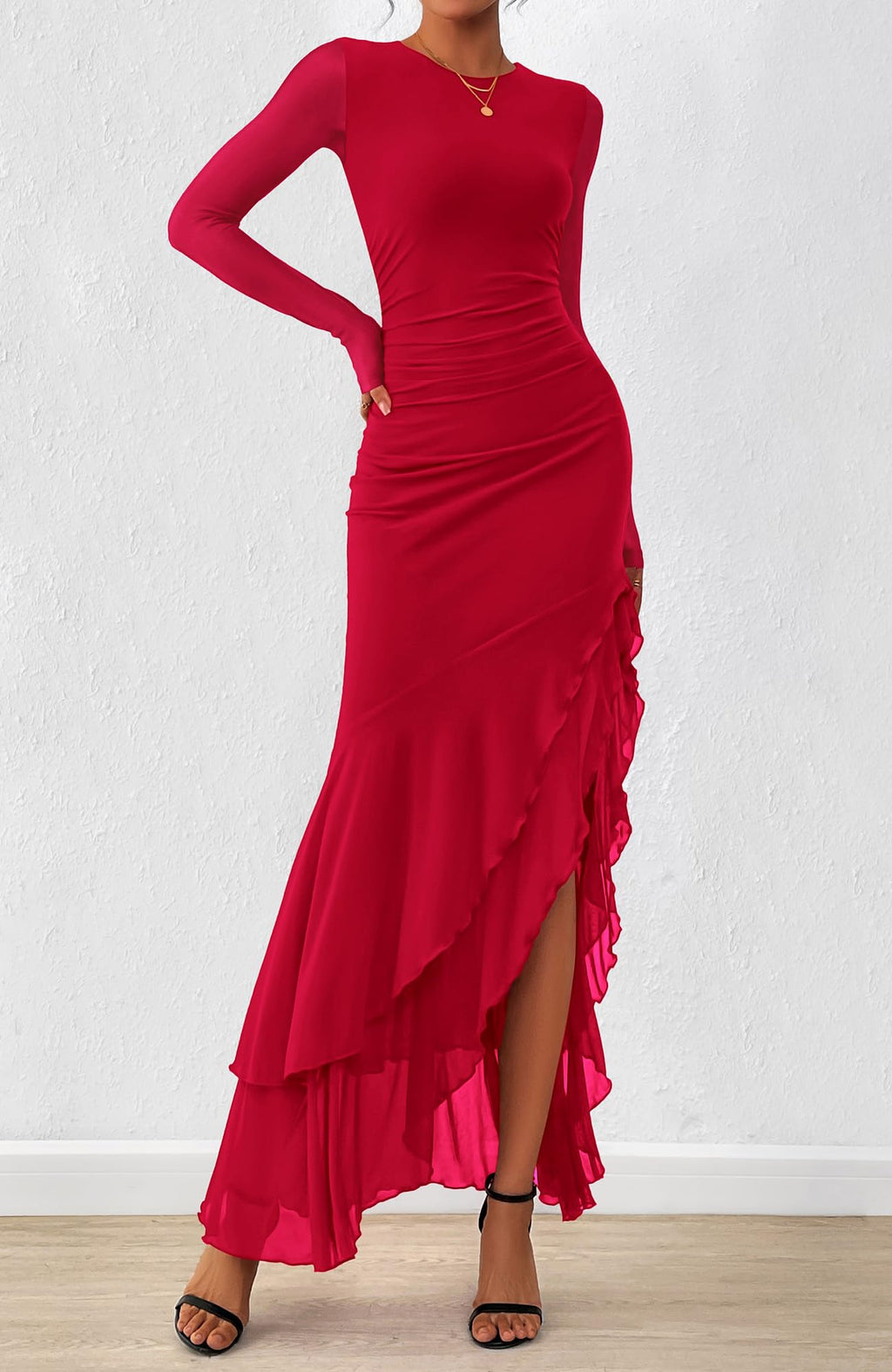BTFBM Women's Maxi Dresses Fall Long Sleeve Wedding Guest Dress Mesh,Ruched,Bodycon,High Split,Solid Color,Ruffle, Mermaid,Cocktail Dresses,Prom,Party,Homecoming Dress,Fall Outfits