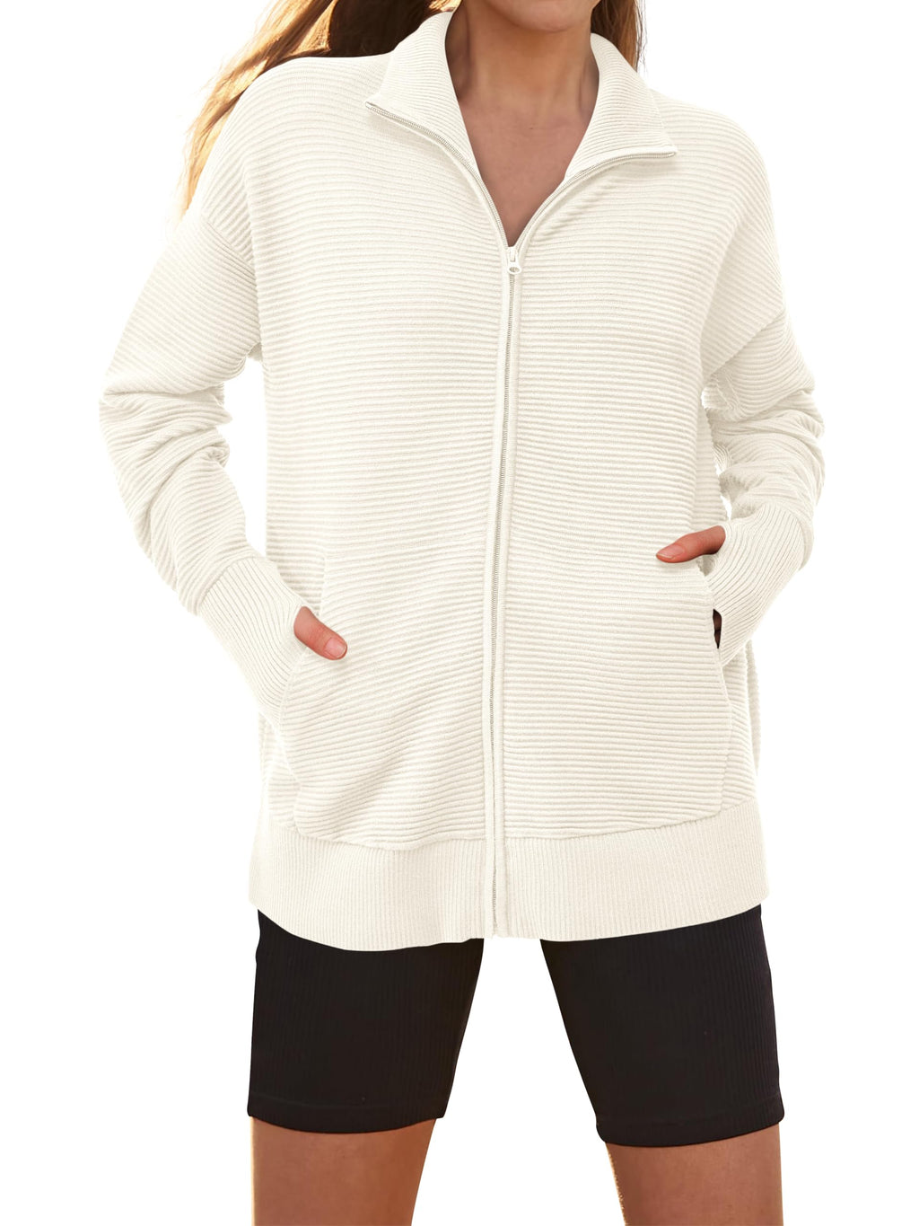 PRETTYGARDEN Womens Fall Long Sleeve Zip Up Cardigan Sweaters Casual Loose Collared Ribbed Knit Tops Jackets Thumb Hole