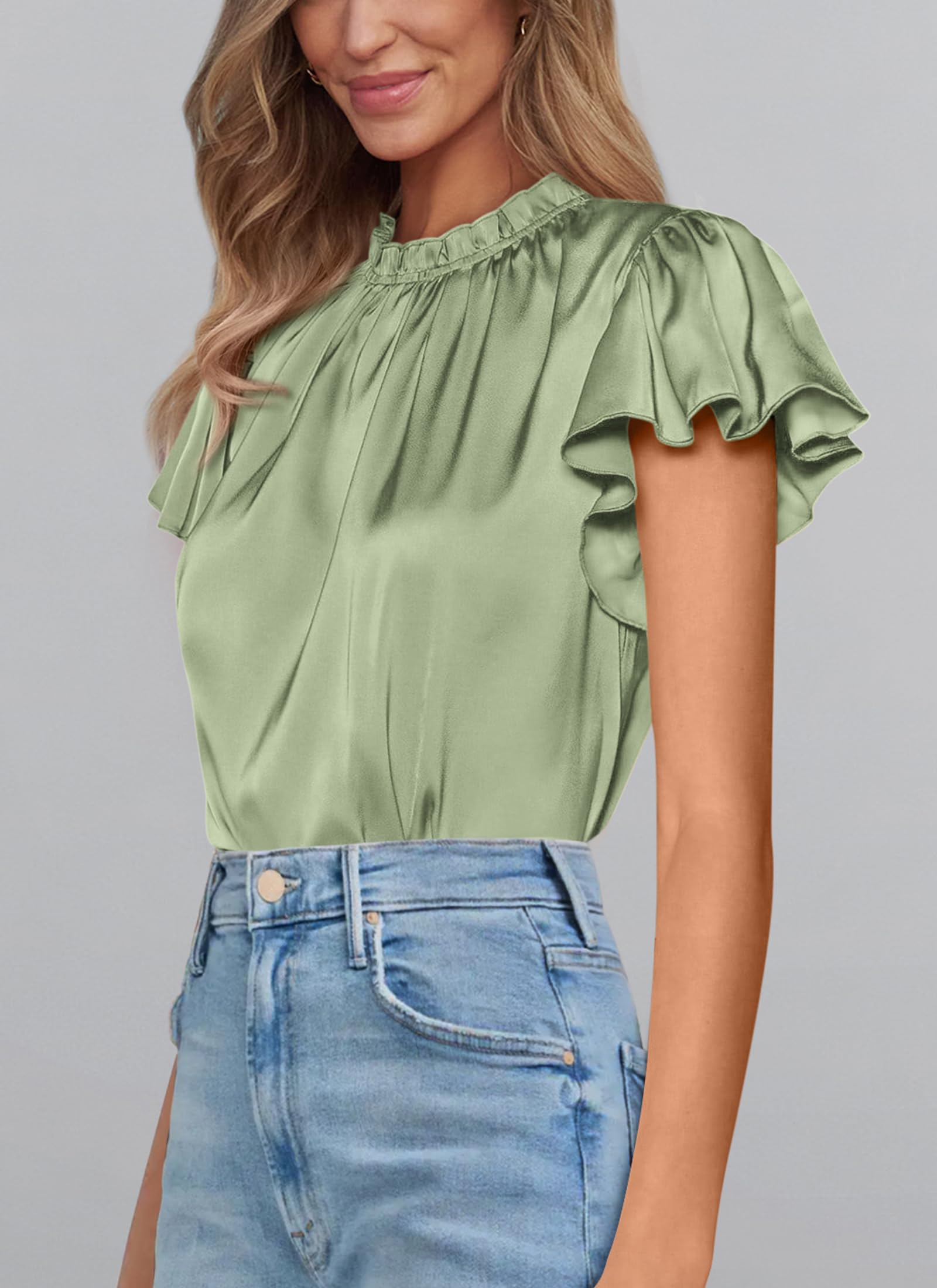 PRETTYGARDEN Business Casual Tops for Women Blouses Dressy  Summer Short Sleeve Ruffle Satin Work Office Attire