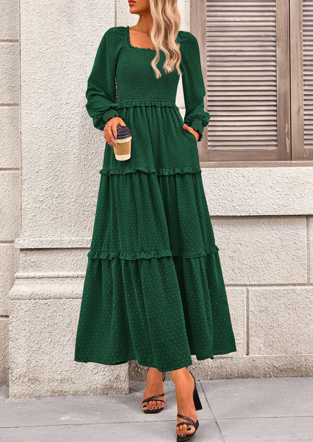 PRETTYGARDEN Fall Dresses for Women Long Sleeve Smocked Square Neck Swiss Dot Tiered Flowy Wedding Guest Maxi Dress
