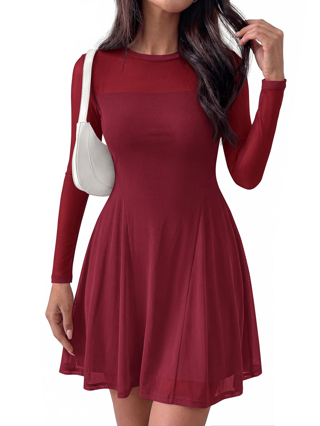 BTFBM Women’s Mini Dress Sheer Mesh Long Sleeve Crew Neck Flowy A Line Casual Cocktail Party Going Out Dresses Fall
