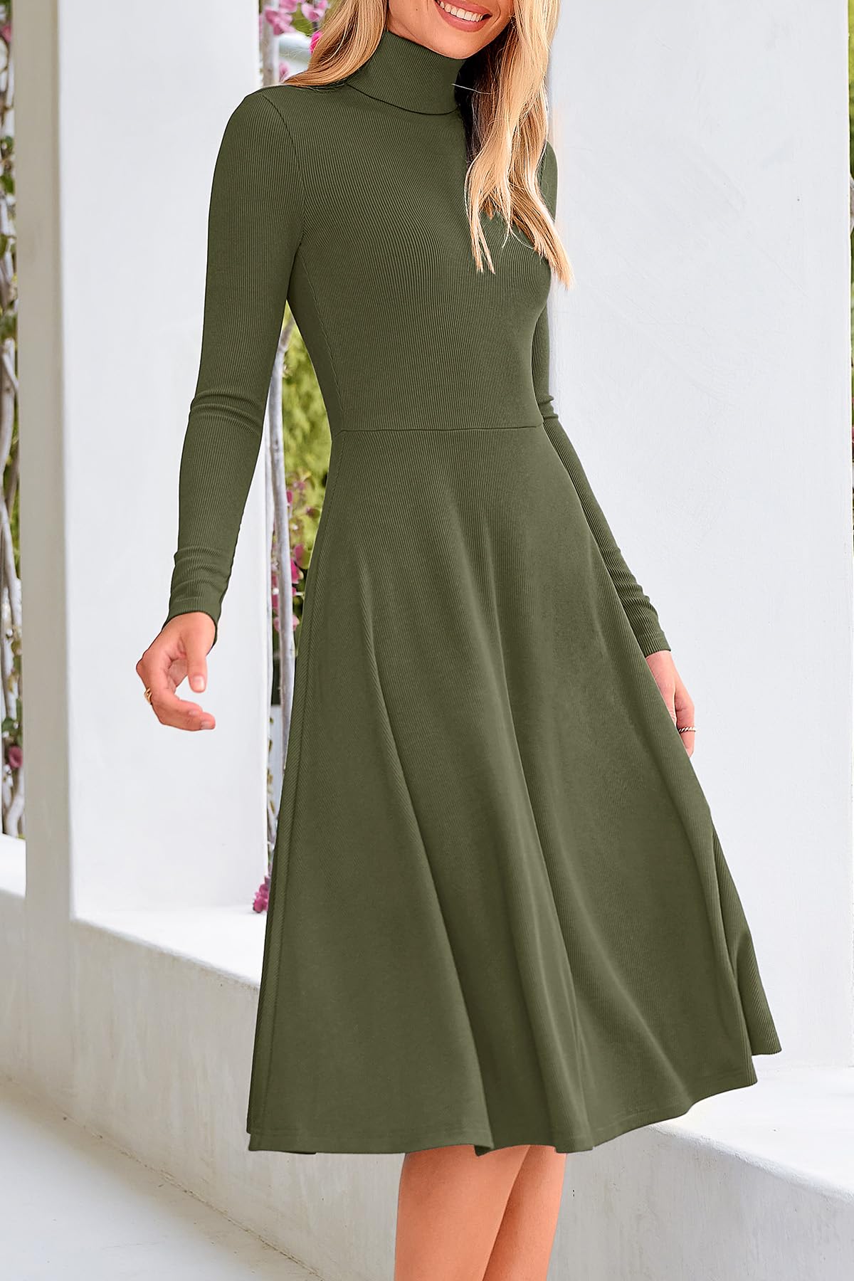 FreshPretty Womens Long Sleeve Turtleneck Dress Midi A Line Fall Dresses,High Neck Dress,Fit and Flare Work Dresses,Lightweight Knit,Flowy Winter Dresses Wedding Guest,Cocktail,Church,Casual