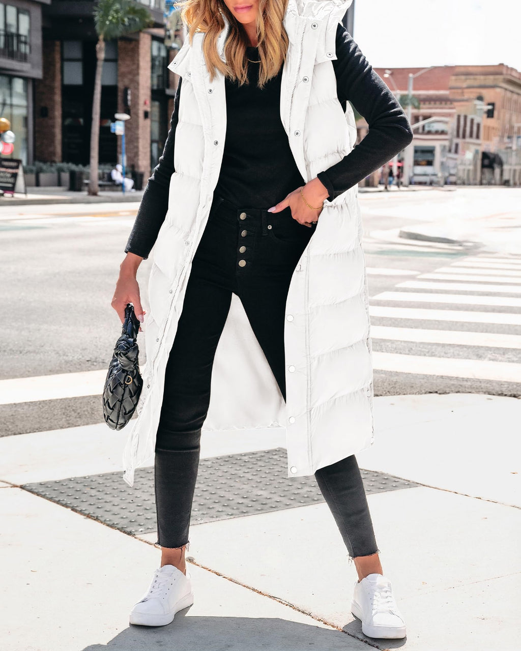 BTFBM Long Puffer Vest Women Quilted Hooded Button Down Zip Up Sleeveless Vests Outerwear Padded Jacket Fall Winter Coat