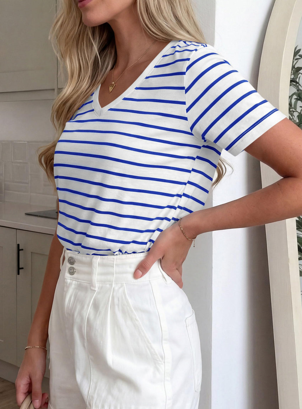 PRETTYGARDEN Short Sleeve Shirts for Women Spring V Neck Cute Tops Casual Striped Shirt Knitted Tees Summer Outfits