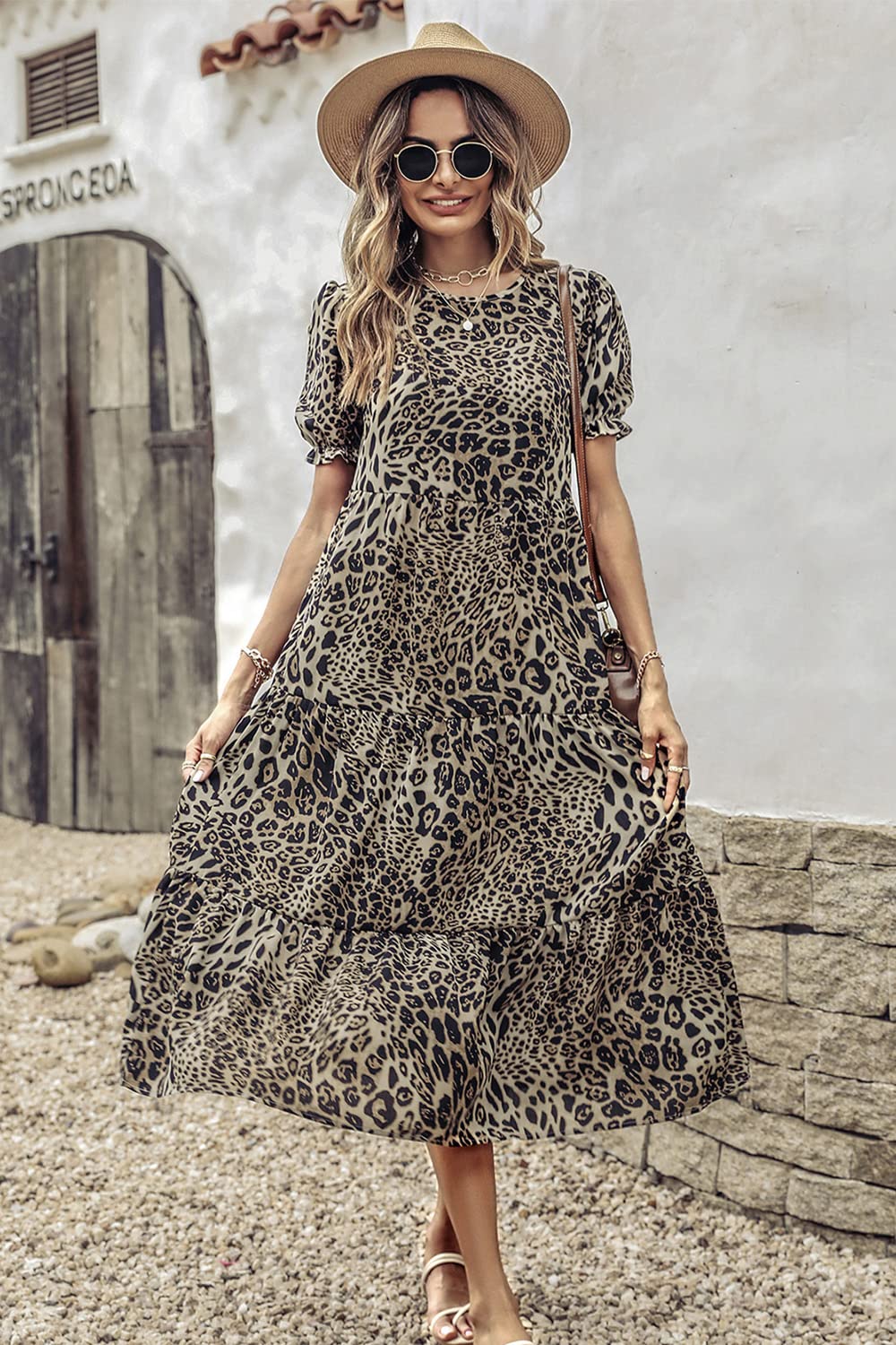 PRETTYGARDEN Summer Dresses for Women Casual Floral Boho Midi Sun Dress Puff Short Sleeve Flowy Beach Vacation Sundress