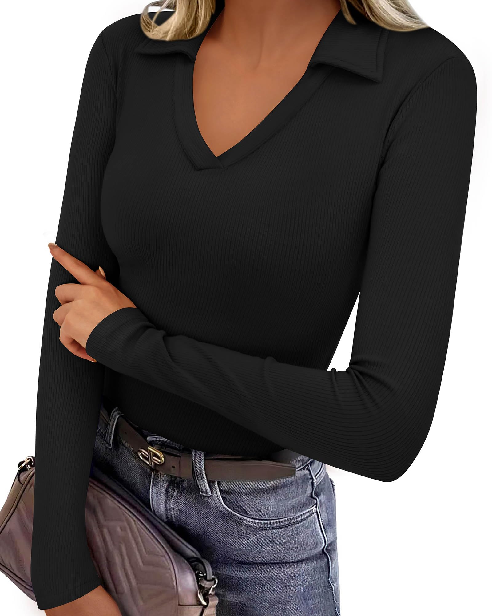FreshPretty Polo Shirts for Women Long Sleeve Business Casual Tops Spring Fall Ribbed Knit Collared V Neck Slim Work Blouses