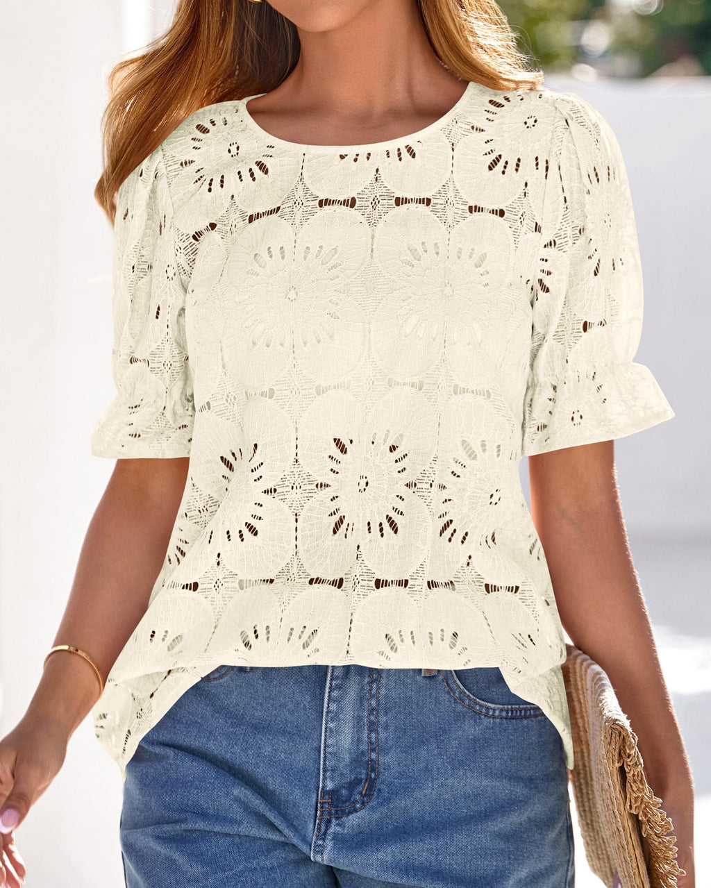 FreshPretty Lace Tops for Women Blouses Dressy Casual Boho Eyelet Puff Short Sleeve Shirts Spring Summer Clothes Vacation Outfits