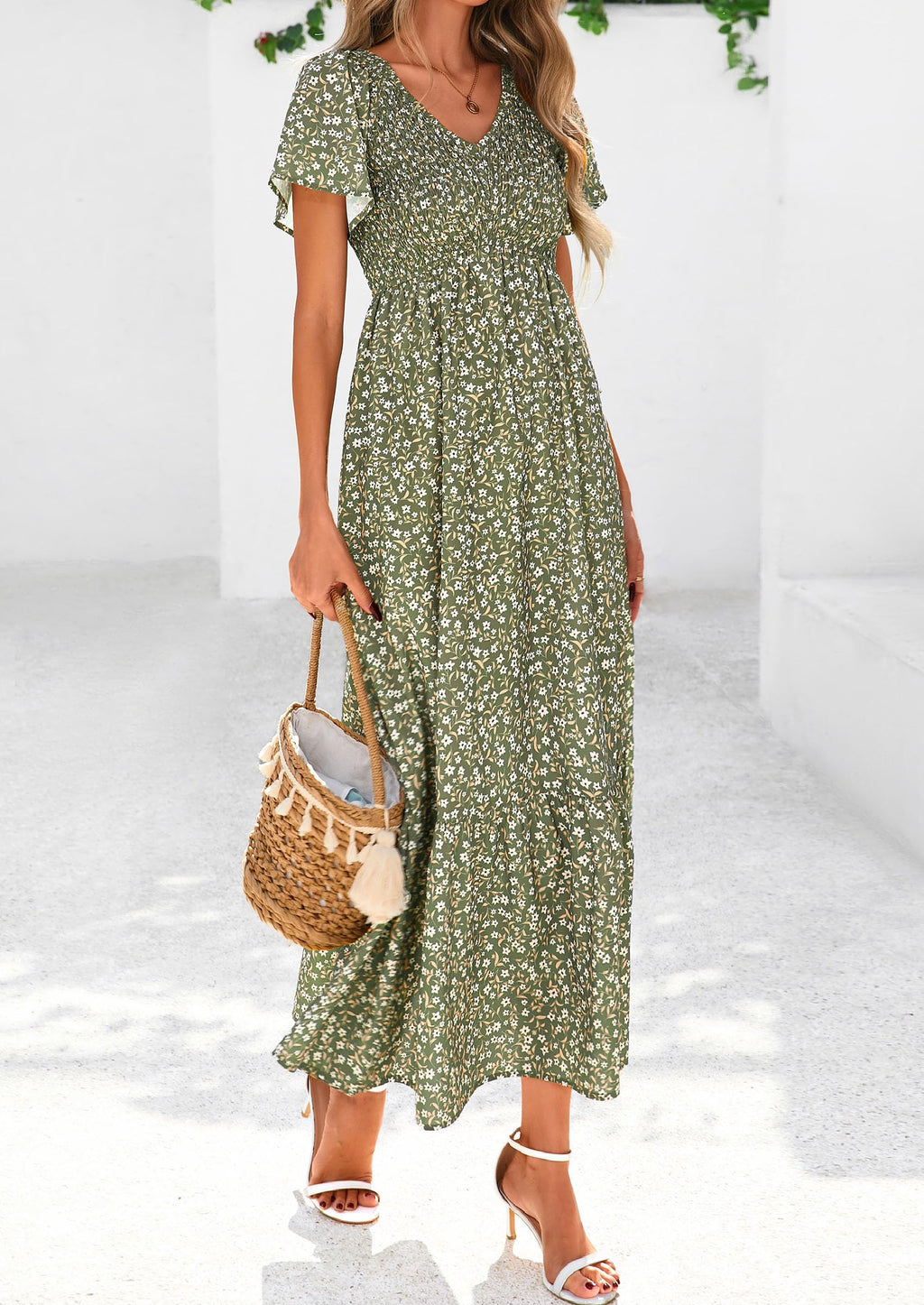 PRETTYGARDEN Boho Dresses for Women Summer Floral Short Sleeve V Neck Smocked Flowy Beach Vacation Maxi Dress