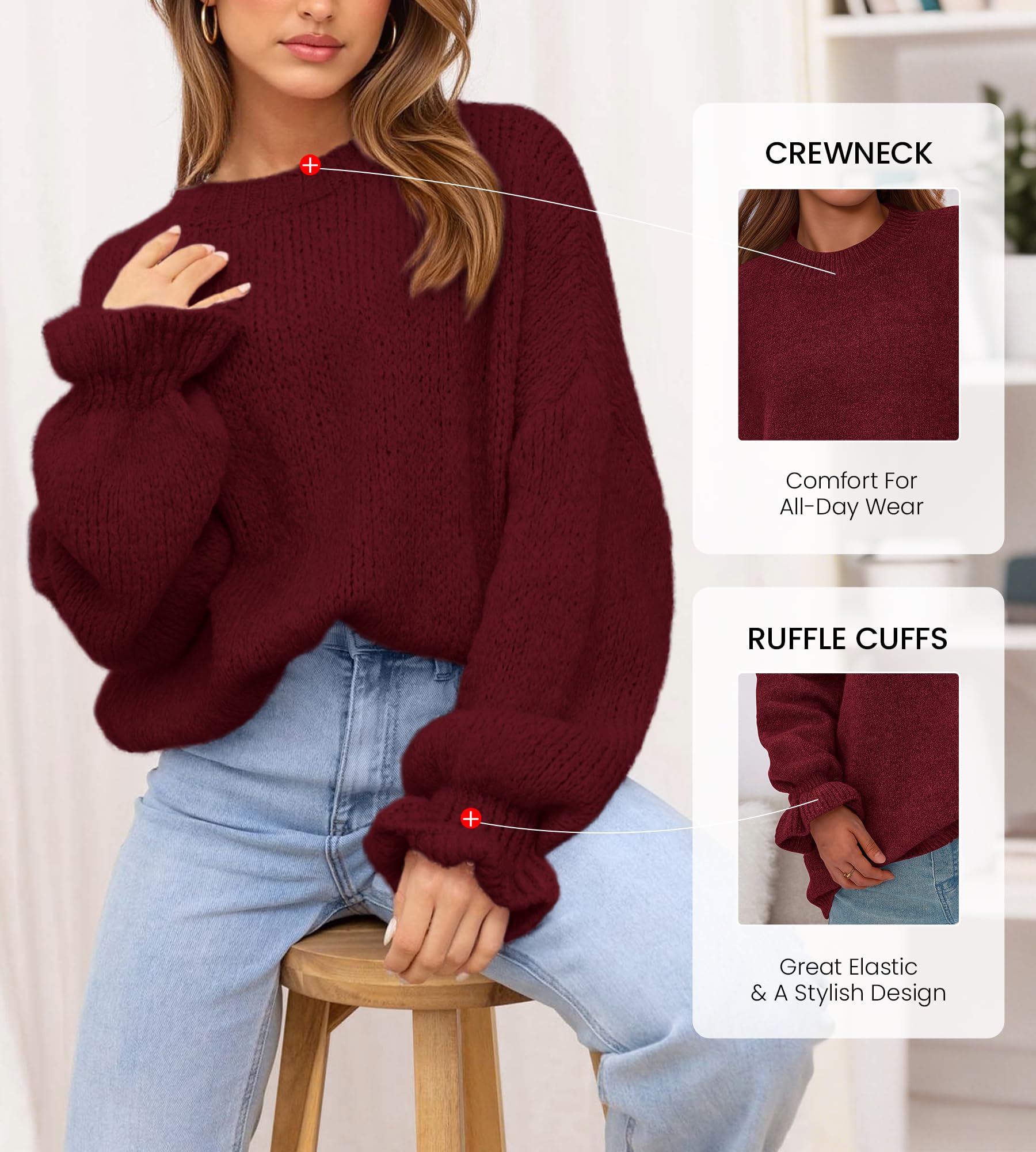 BTFBM Women's Oversized Sweater Crewneck Fall Winter Long Sleeve Fuzzy Warn Knit Pullover Sweaters Trendy Outfits