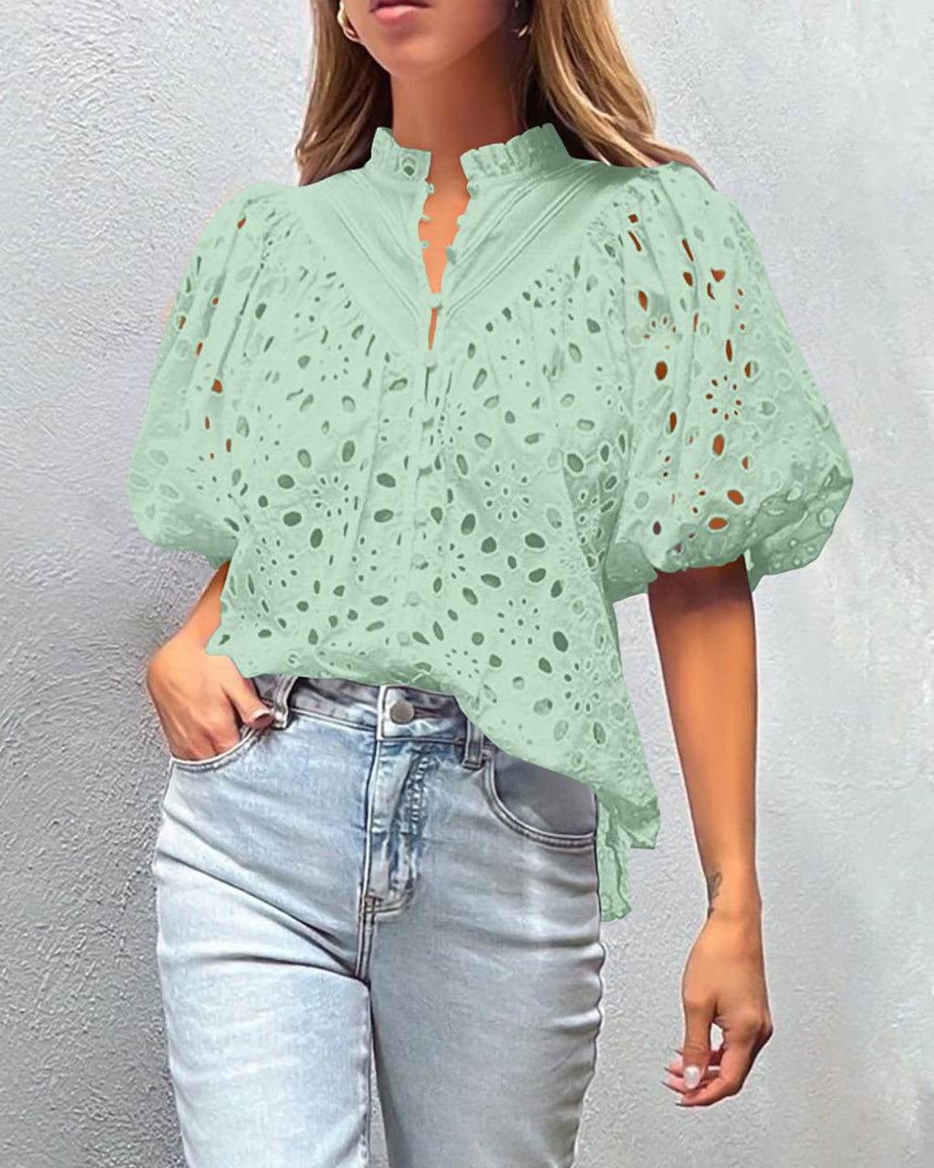 PRETTYGARDEN Women's Summer Tops Dressy Casual Short Sleeve V Neck Buttons Hollow Out Lace Embroidered Blouses Shirts