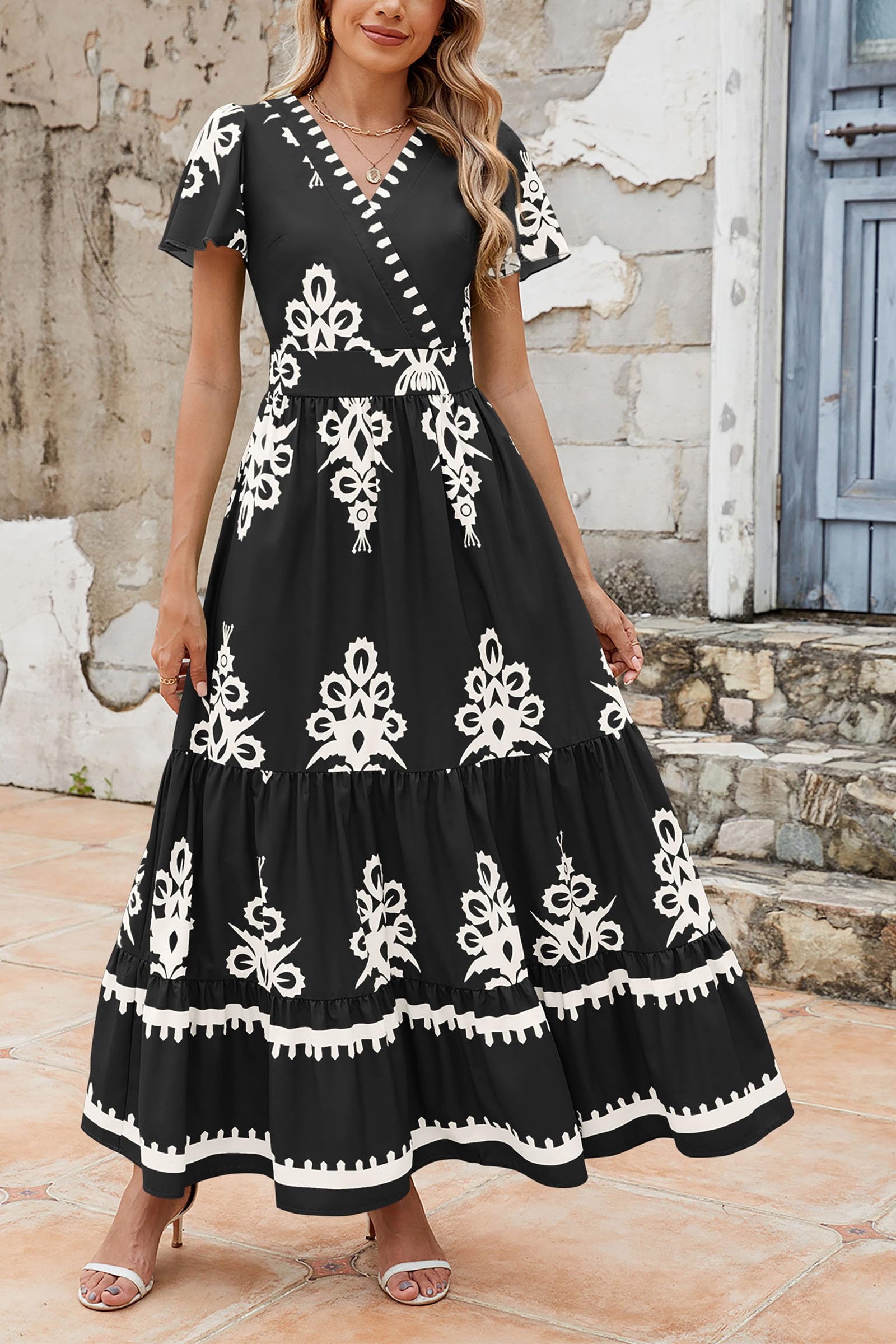 PRETTYGARDEN Womens Summer Casual V Neck Boho Maxi Dress Flowy Aline Bell Sleeve Tiered Floral Dresses with Pocket