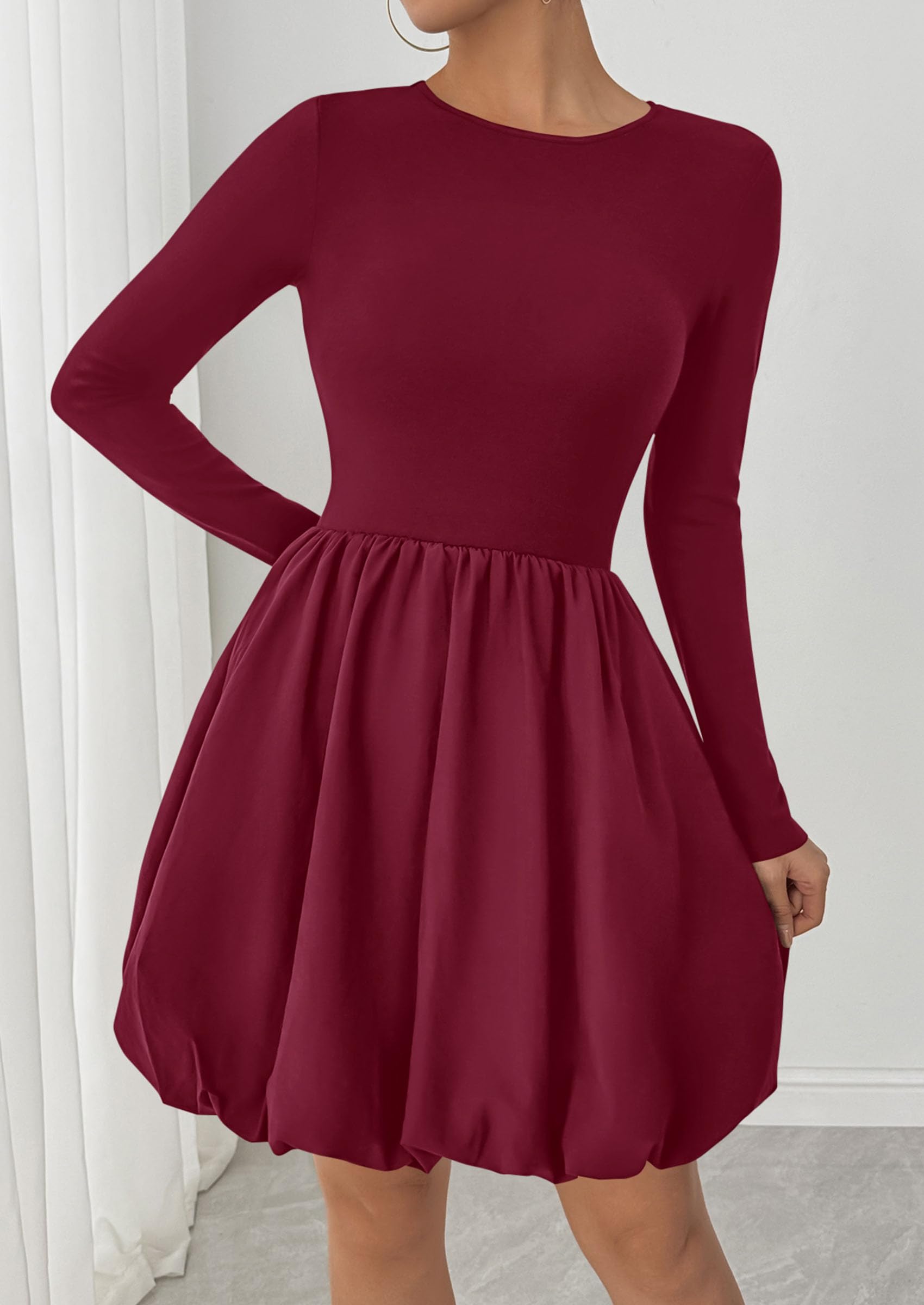 PRETTYGARDEN Fall Dresses for Women Casual Long Sleeve Bubble Cute Crew Neck A Line Mini Short Dress with Pockets